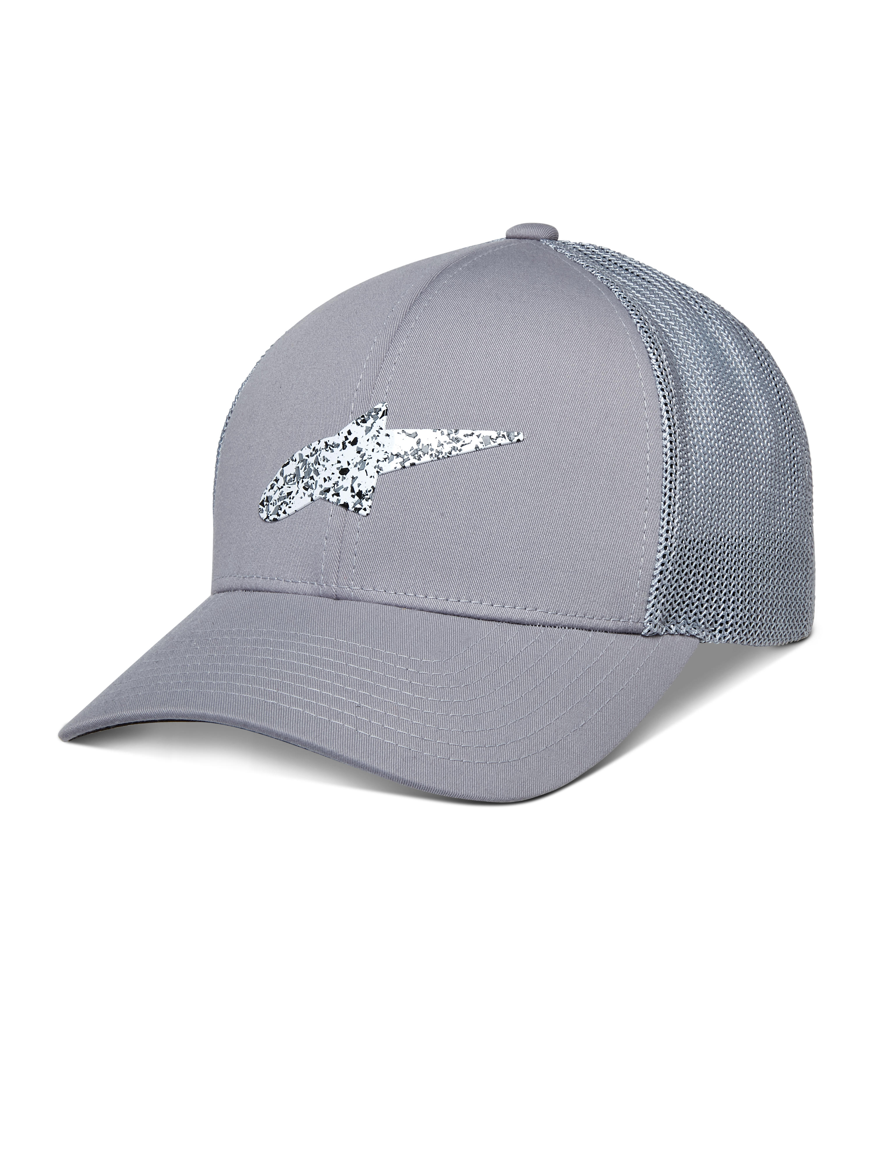 Alpinestars Terolithic Trucker Hat, graue Trucker-Cap, gebogener Schirm mit Mesh-Rücken, schwarz-weiß gesprenkeltes TPU-Logo, lässige Sportbekleidung