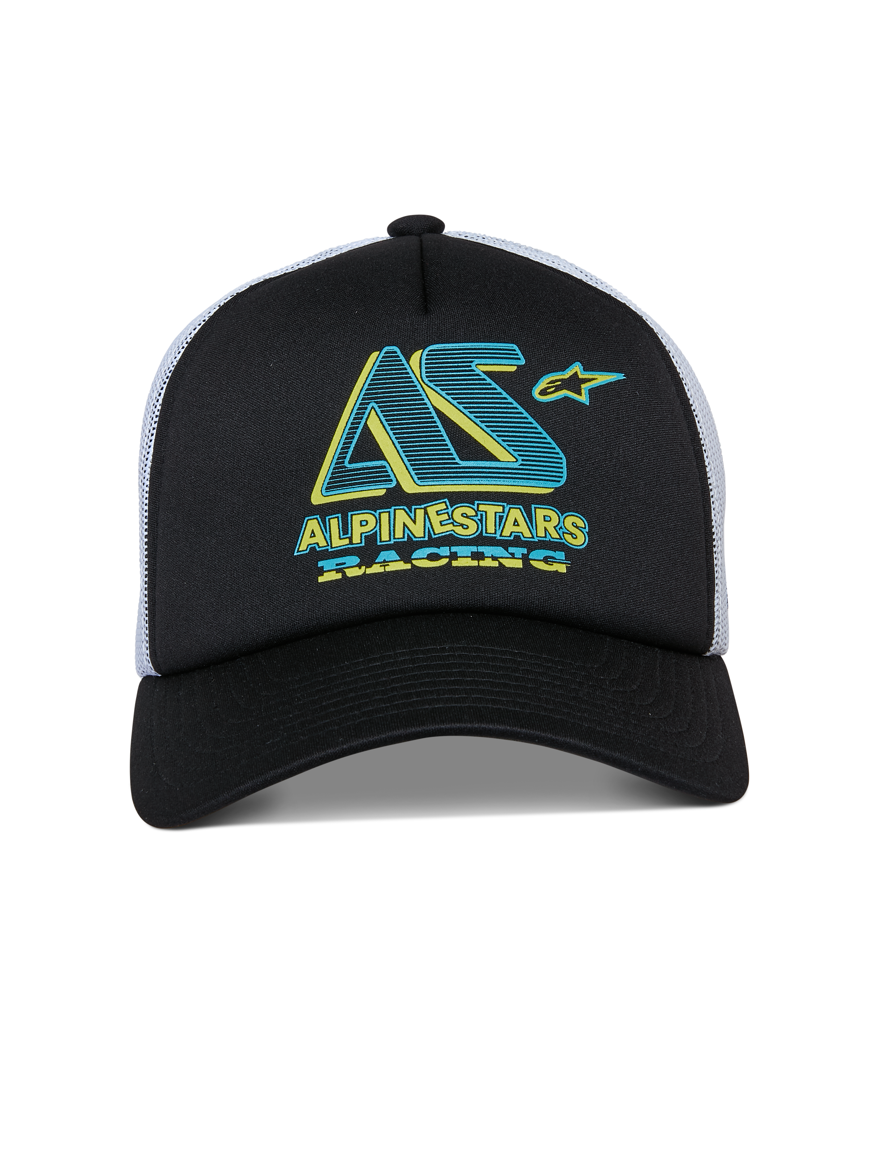 Alpinestars Ayess Trucker Hat, Snapback Cap, Black and White, Teal and Yellow Alpinestars Racing Graphic on Foam Crown, Curved Bill and White Mesh Back, Casual Motorsport-Inspired Design