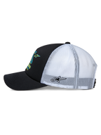 Alpinestars Ayess Trucker Hat, Side View, Black front and curved bill with white mesh back, featuring colorful front graphics and side star embroidery, casual motorsport-inspired headwear