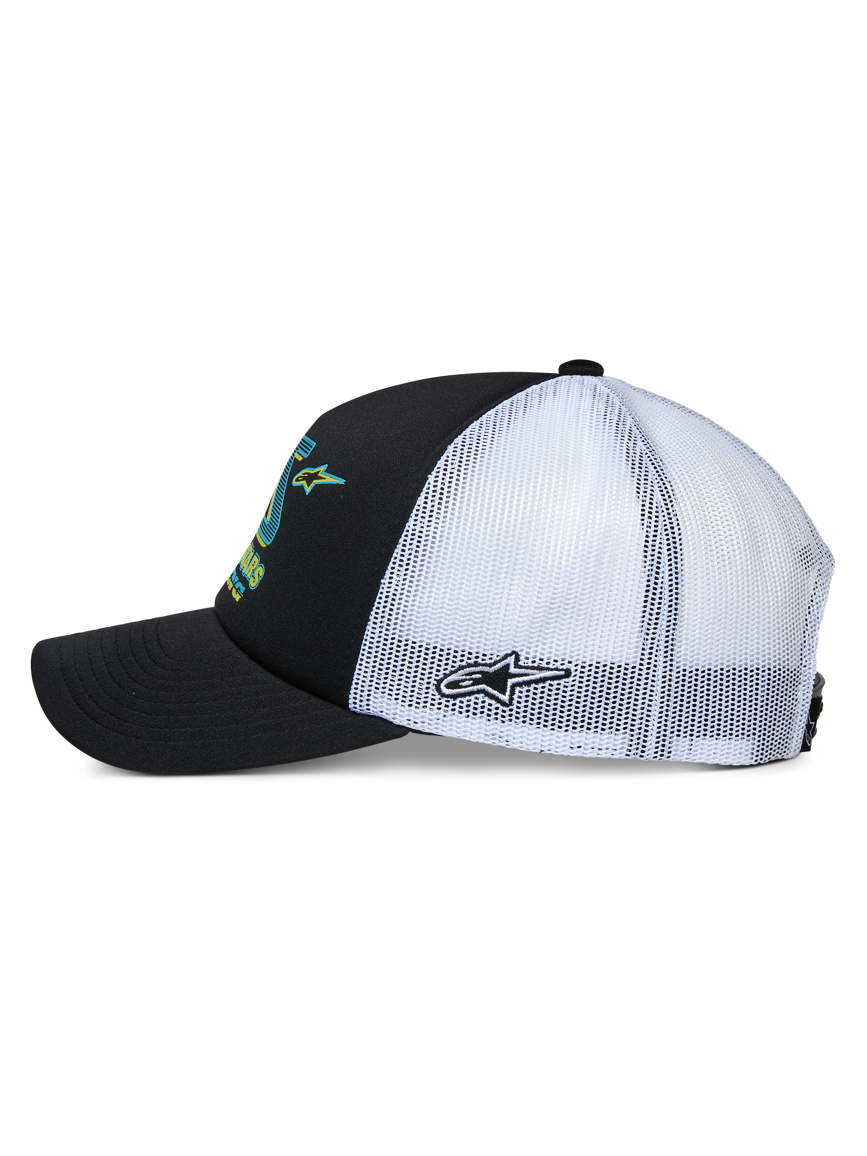 Alpinestars Ayess Trucker Hat, Side View, Black front and curved bill with white mesh back, featuring colorful front graphics and side star embroidery, casual motorsport-inspired headwear