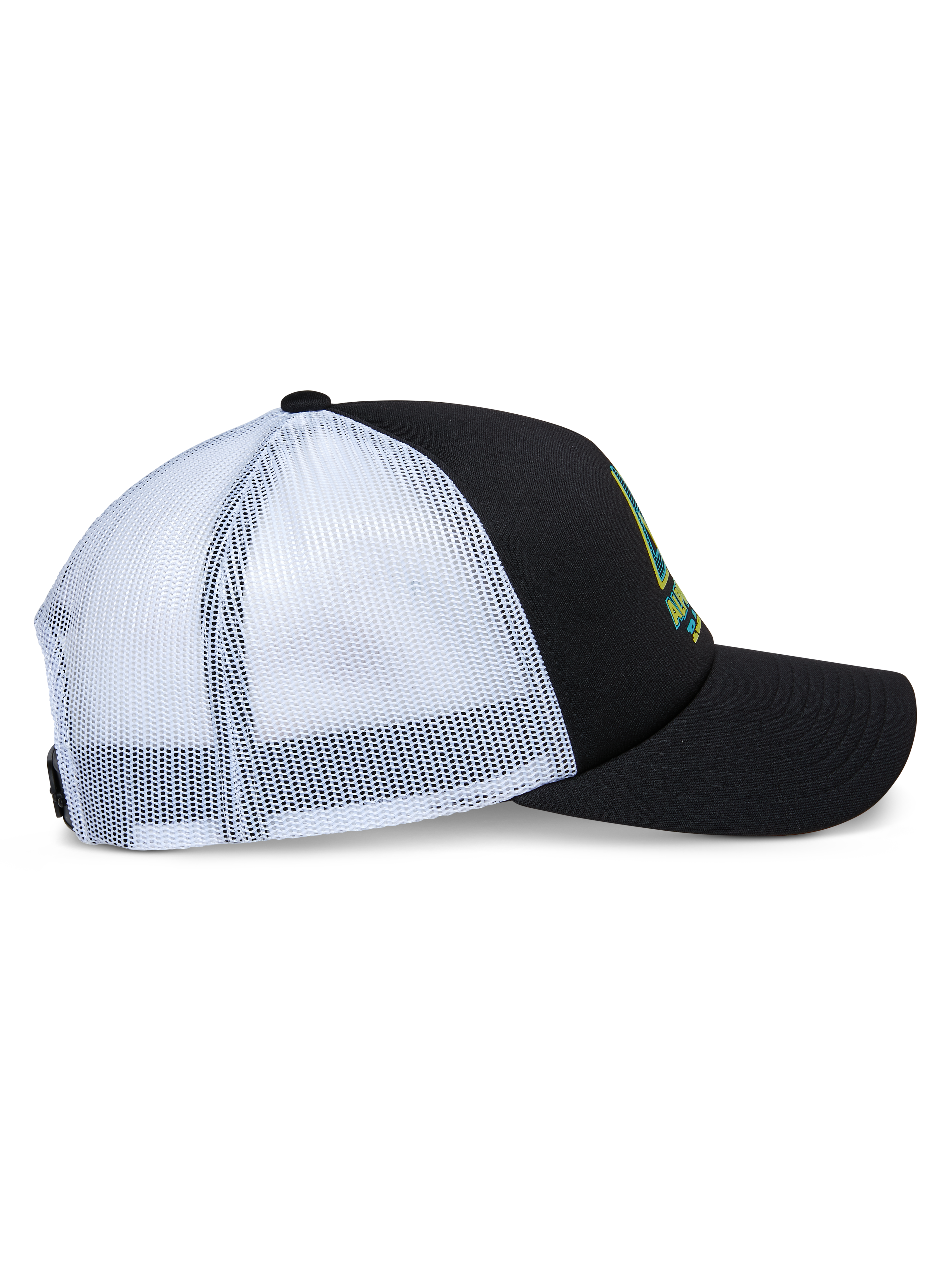 Alpinestars Ayess Trucker Hat, side profile view, black foam crown and curved bill with white mesh back panels, front logo print, casual motorsport-inspired snapback