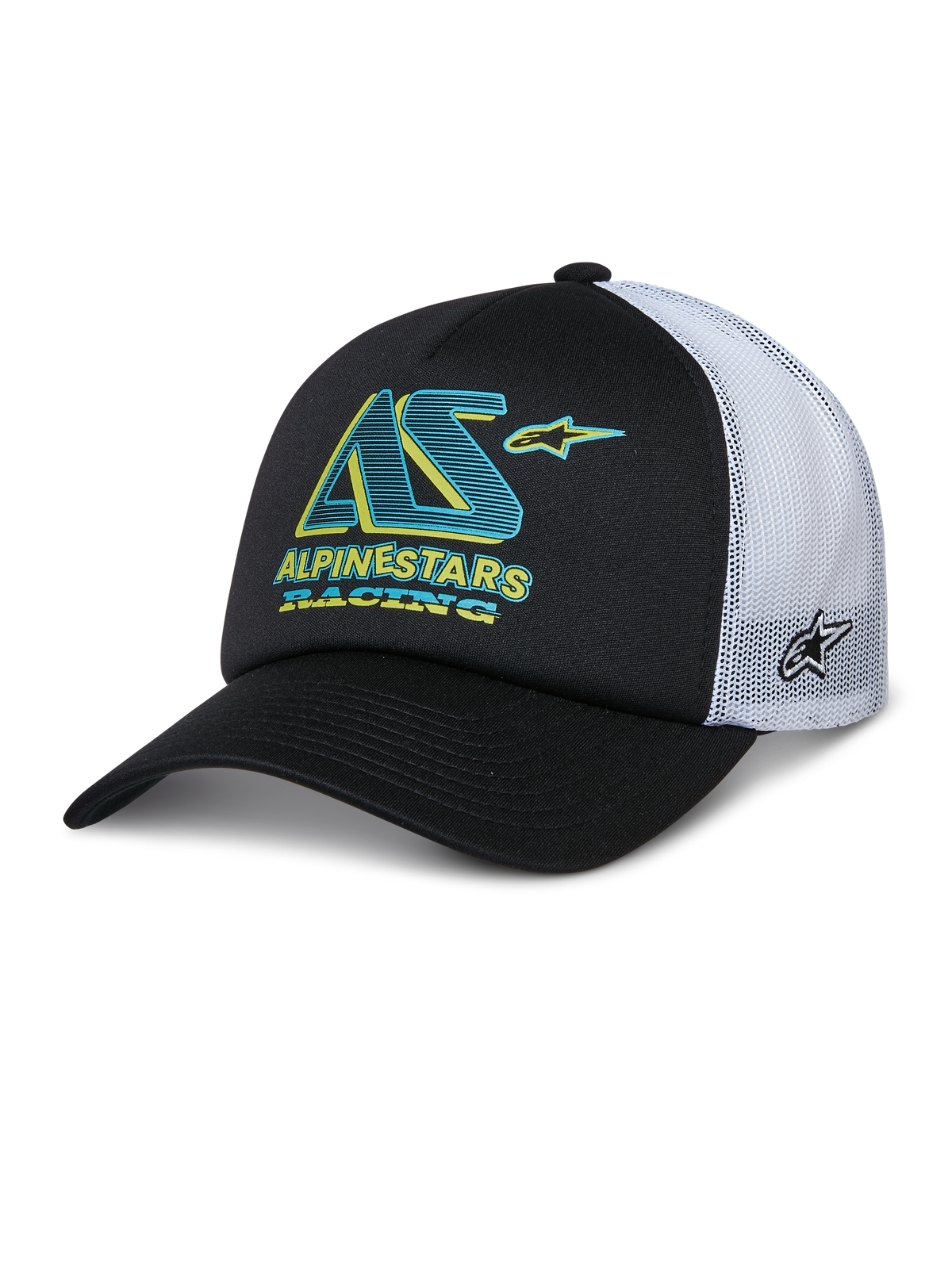 Alpinestars Ayess Trucker Hat, Black and White Trucker Cap, Curved Bill, White Mesh Back Panels, Teal and Yellow AS Logo with Alpinestars Racing text, Side Star Logo on mesh, Casual Motorsport Sportswear