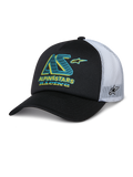 Alpinestars Ayess Trucker Hat, Black and White Trucker Cap, Curved Bill, White Mesh Back Panels, Teal and Yellow AS Logo with Alpinestars Racing text, Side Star Logo on mesh, Casual Motorsport Sportswear