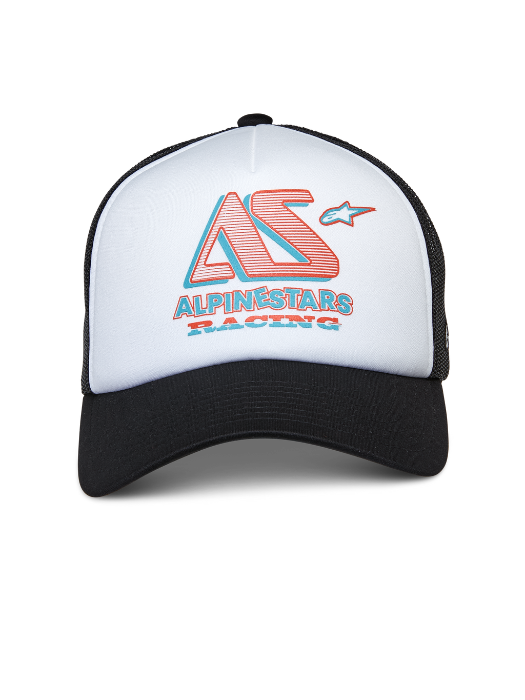 Alpinestars Ayess Trucker-Mütze, weiß-schwarze Trucker-Kappe, weiße Schaumstoff-Vorderseite mit schwarzem gebogenem Schirm und Mesh-Rückseite, stilisiertes AS- und Alpinestars Racing-Logo in Rot und Blau, lässige, vom Motorsport inspirierte Streetwear