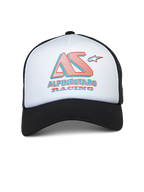 Alpinestars Ayess Trucker-Mütze, weiß-schwarze Trucker-Kappe, weiße Schaumstoff-Vorderseite mit schwarzem gebogenem Schirm und Mesh-Rückseite, stilisiertes AS- und Alpinestars Racing-Logo in Rot und Blau, lässige, vom Motorsport inspirierte Streetwear