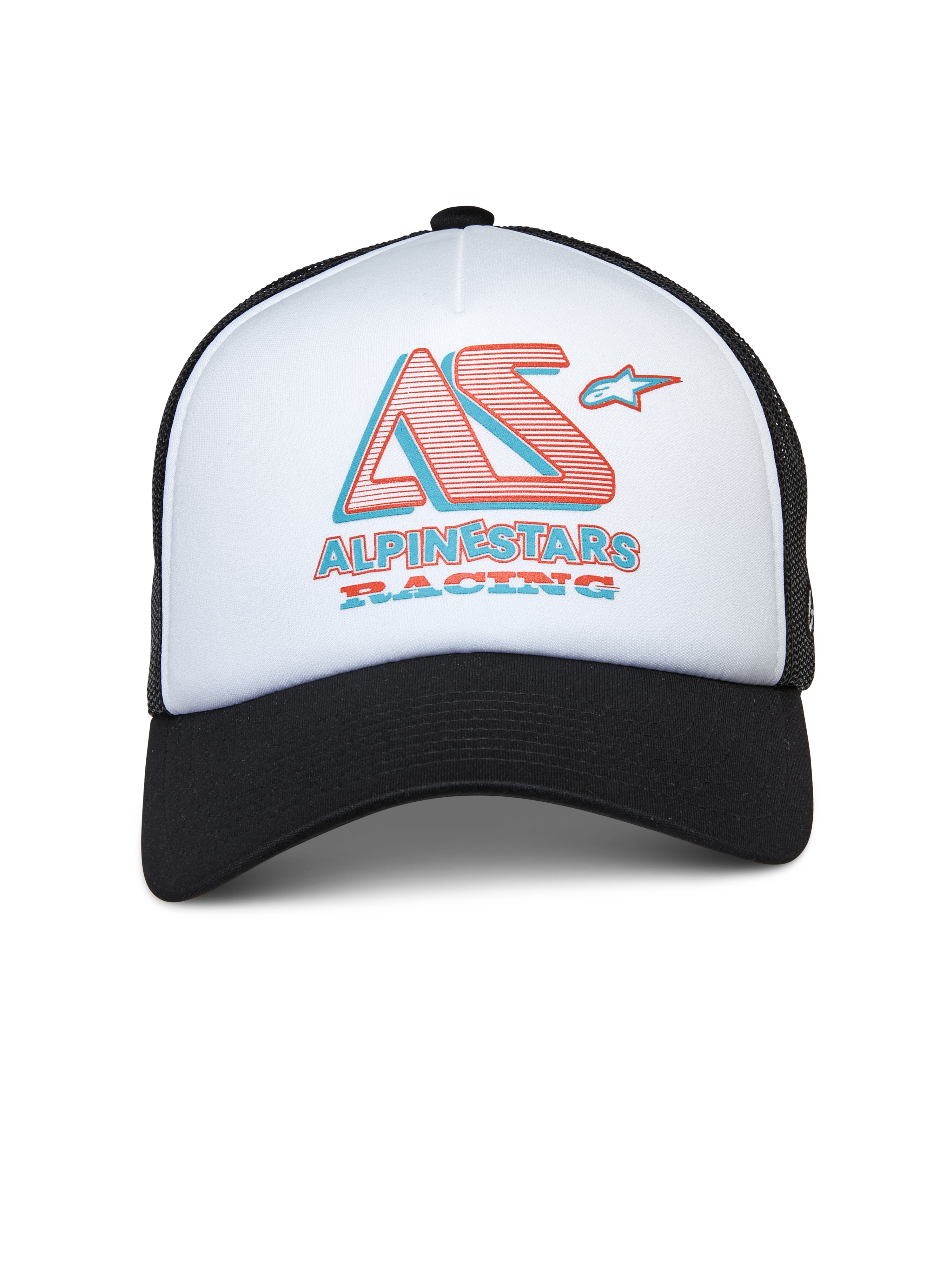 Alpinestars Ayess Trucker-Mütze, weiß-schwarze Trucker-Kappe, weiße Schaumstoff-Vorderseite mit schwarzem gebogenem Schirm und Mesh-Rückseite, stilisiertes AS- und Alpinestars Racing-Logo in Rot und Blau, lässige, vom Motorsport inspirierte Streetwear