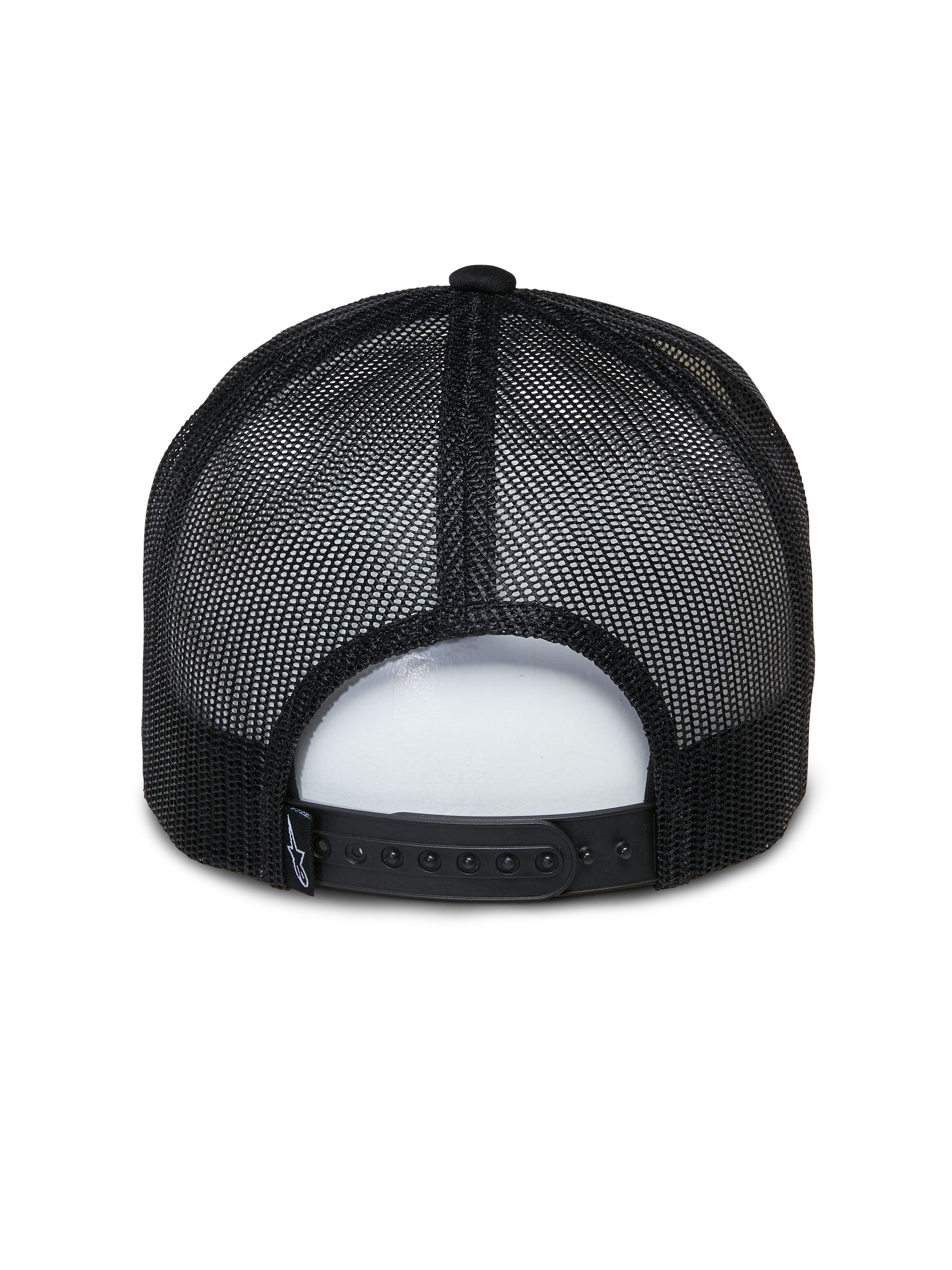 Alpinestars Ayess Trucker-Mütze, Freizeit-Sportmütze, Weiß und Schwarz, Rückansicht mit schwarzen atmungsaktiven Mesh-Einsätzen und verstellbarem Snapback-Verschluss, klassisches Trucker-Design mit Schaumstoffkrone
