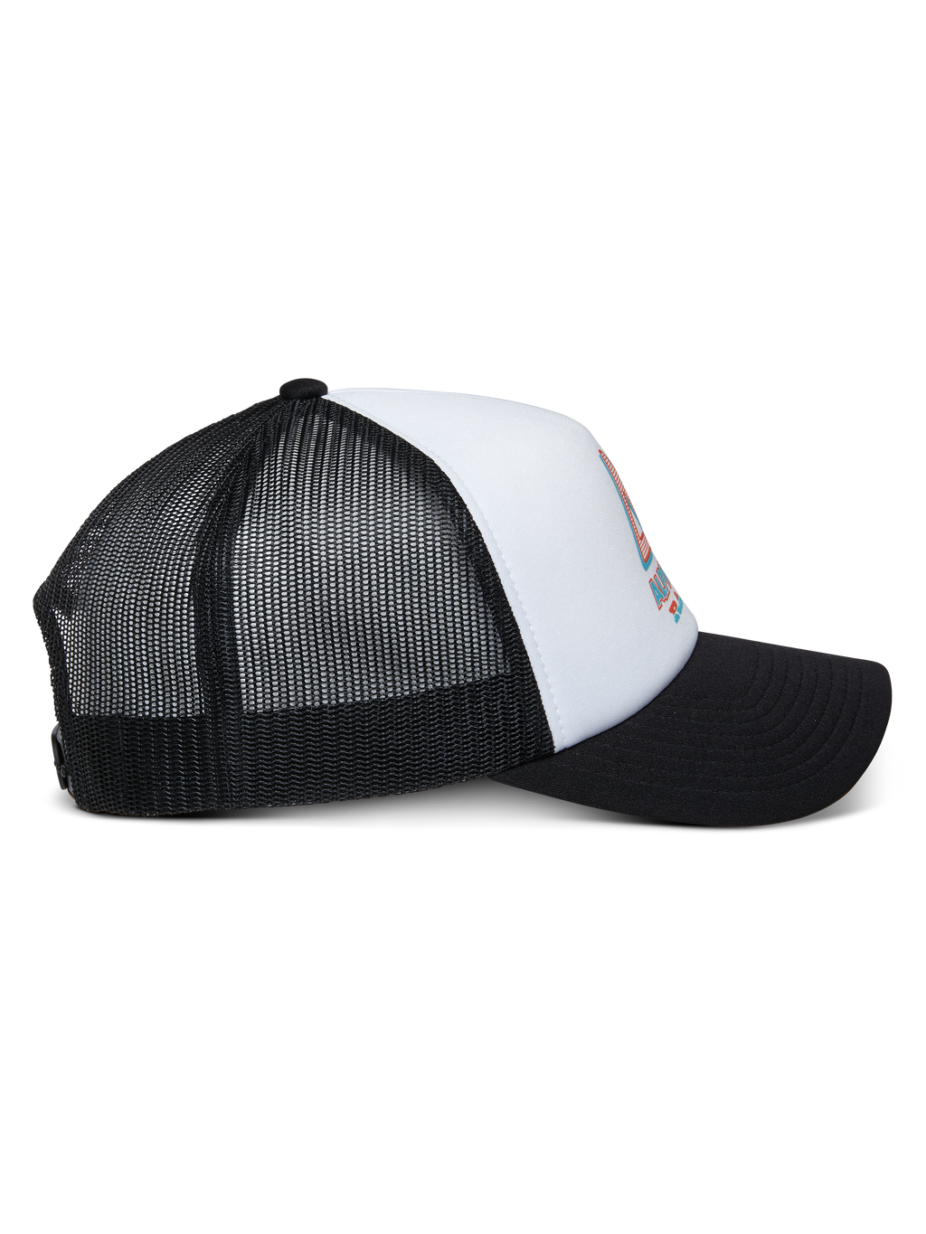 Alpinestars Ayess Trucker-Mütze, Weiß und Schwarz, Seitenansicht mit gebogenem schwarzem Schirm, weißer Schaumstoffkrone mit Logo-Print vorne und atmungsaktiver schwarzer Mesh-Rückseite, lässige Motorsport-Kopfbedeckung