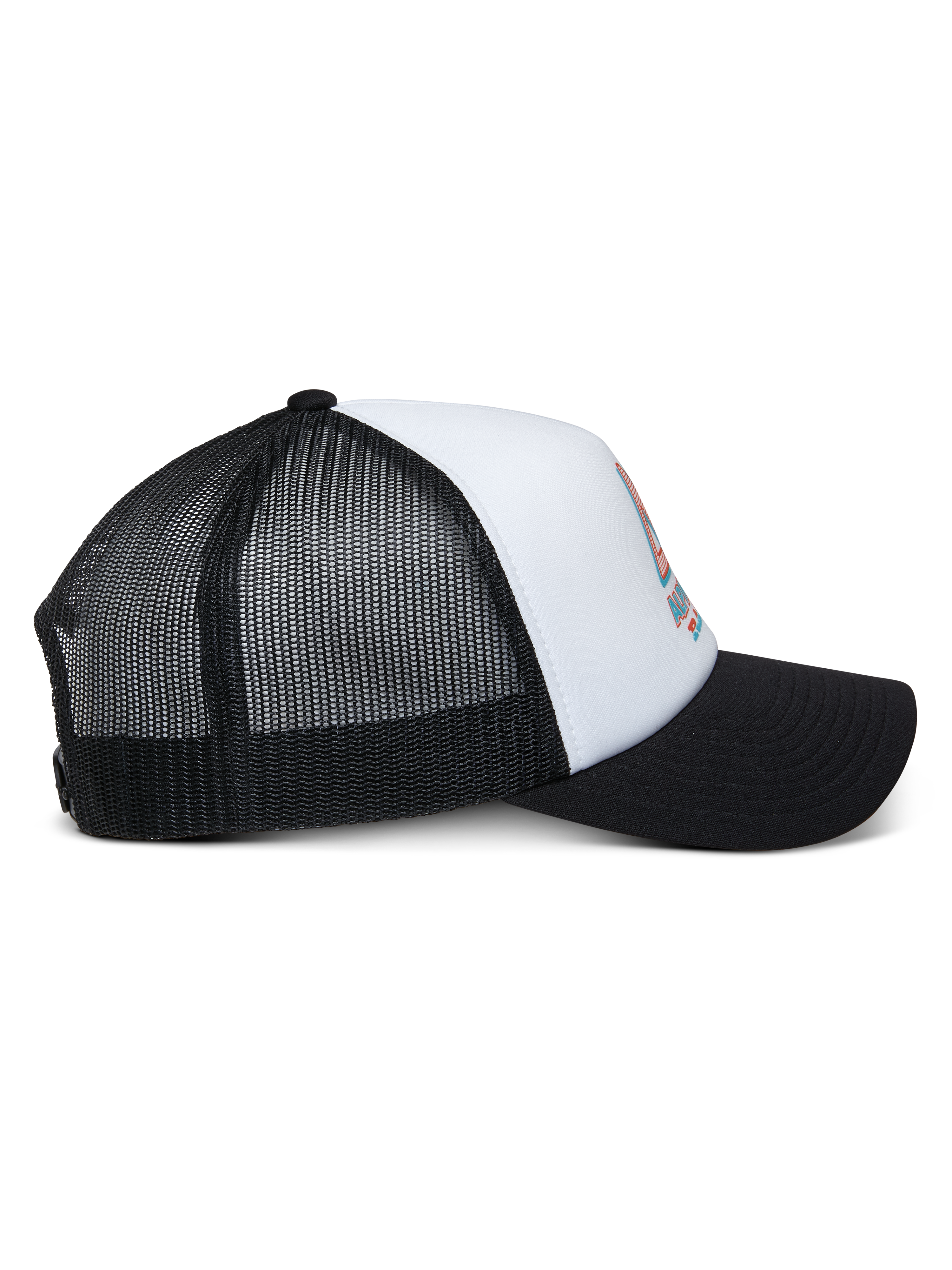 Alpinestars Ayess Trucker-Mütze, Weiß und Schwarz, Seitenansicht mit gebogenem schwarzem Schirm, weißer Schaumstoffkrone mit Logo-Print vorne und atmungsaktiver schwarzer Mesh-Rückseite, lässige Motorsport-Kopfbedeckung