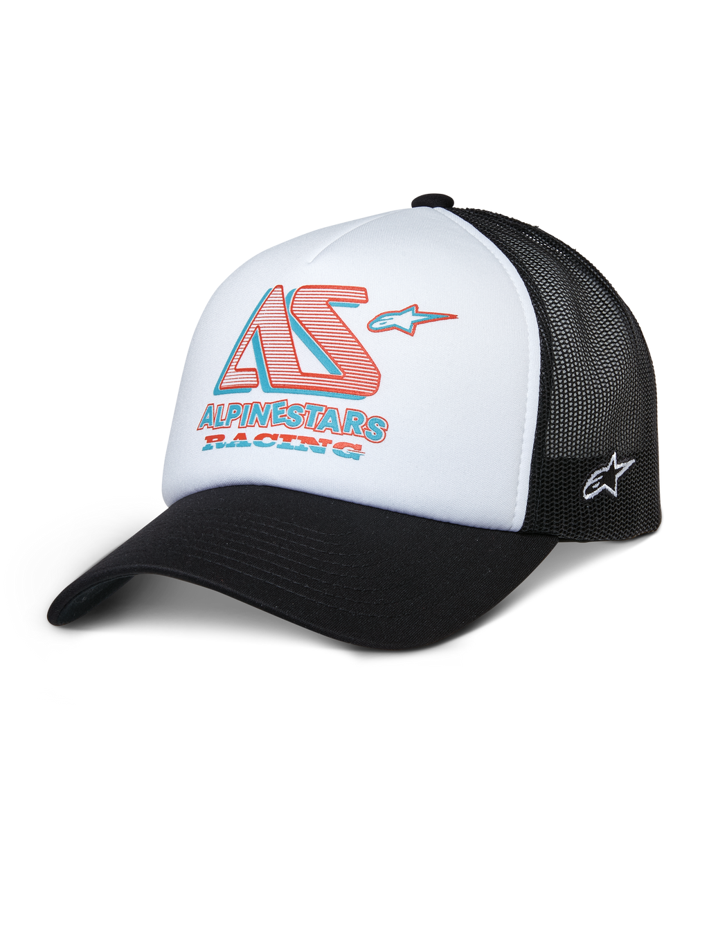 Alpinestars Ayess Trucker Hat, weiß-schwarze Mesh-Kappe mit rot-blauem AS Racing-Logo, gebogener Schirm, sportliche Freizeitkopfbedeckung