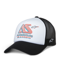 Alpinestars Ayess Trucker Hat, weiß-schwarze Mesh-Kappe mit rot-blauem AS Racing-Logo, gebogener Schirm, sportliche Freizeitkopfbedeckung