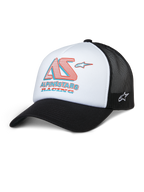 Alpinestars Ayess Trucker Hat, weiß-schwarze Mesh-Kappe mit rot-blauem AS Racing-Logo, gebogener Schirm, sportliche Freizeitkopfbedeckung