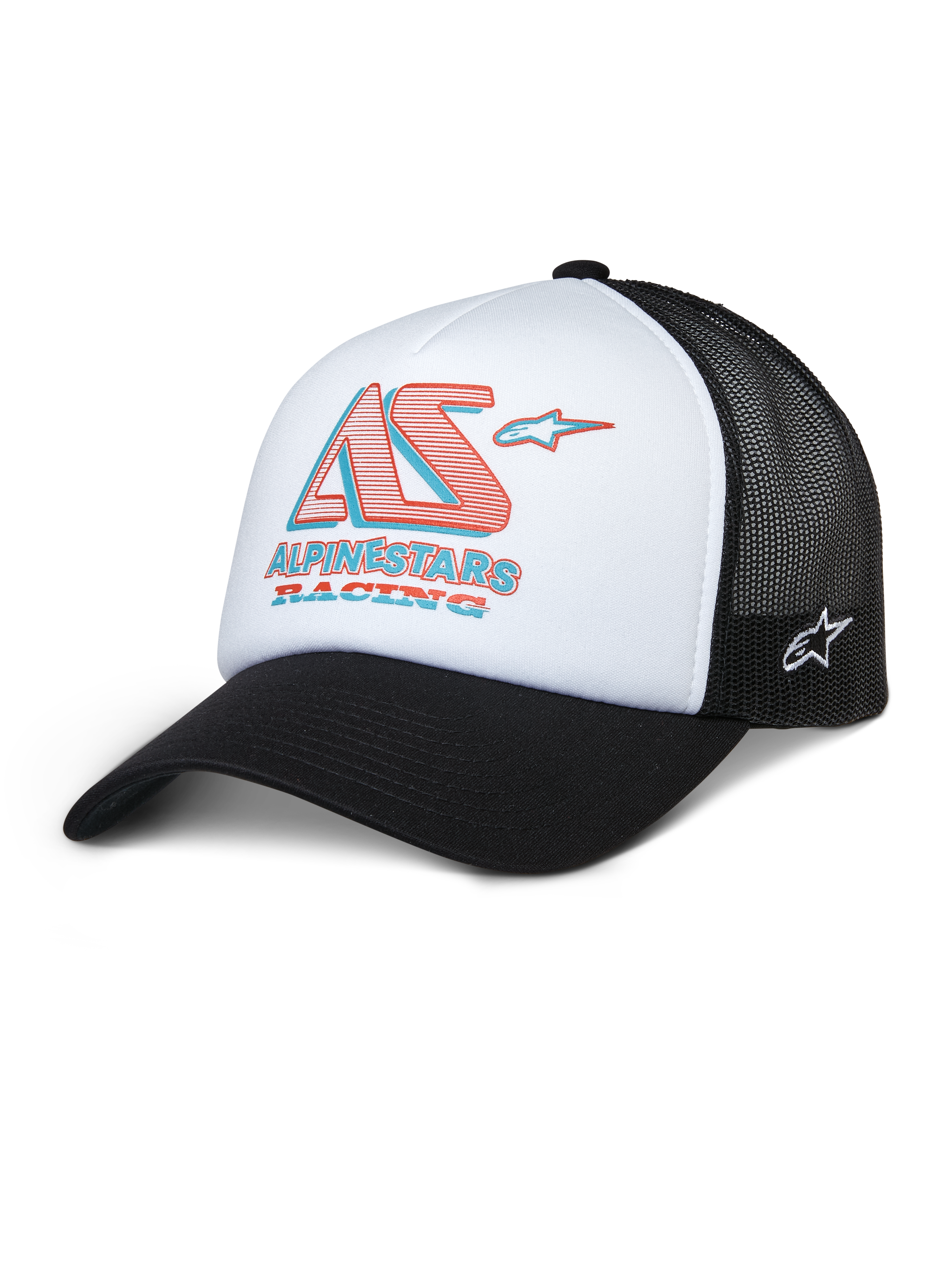 Alpinestars Ayess Trucker Hat, weiß-schwarze Mesh-Kappe mit rot-blauem AS Racing-Logo, gebogener Schirm, sportliche Freizeitkopfbedeckung