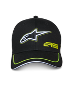 Alpinestars Exceed Trucker Hat, Black with Lime Green Accents, features embroidered white and black star logo, lime green AS logo, curved bill with neon piping, casual motorsport-inspired headwear