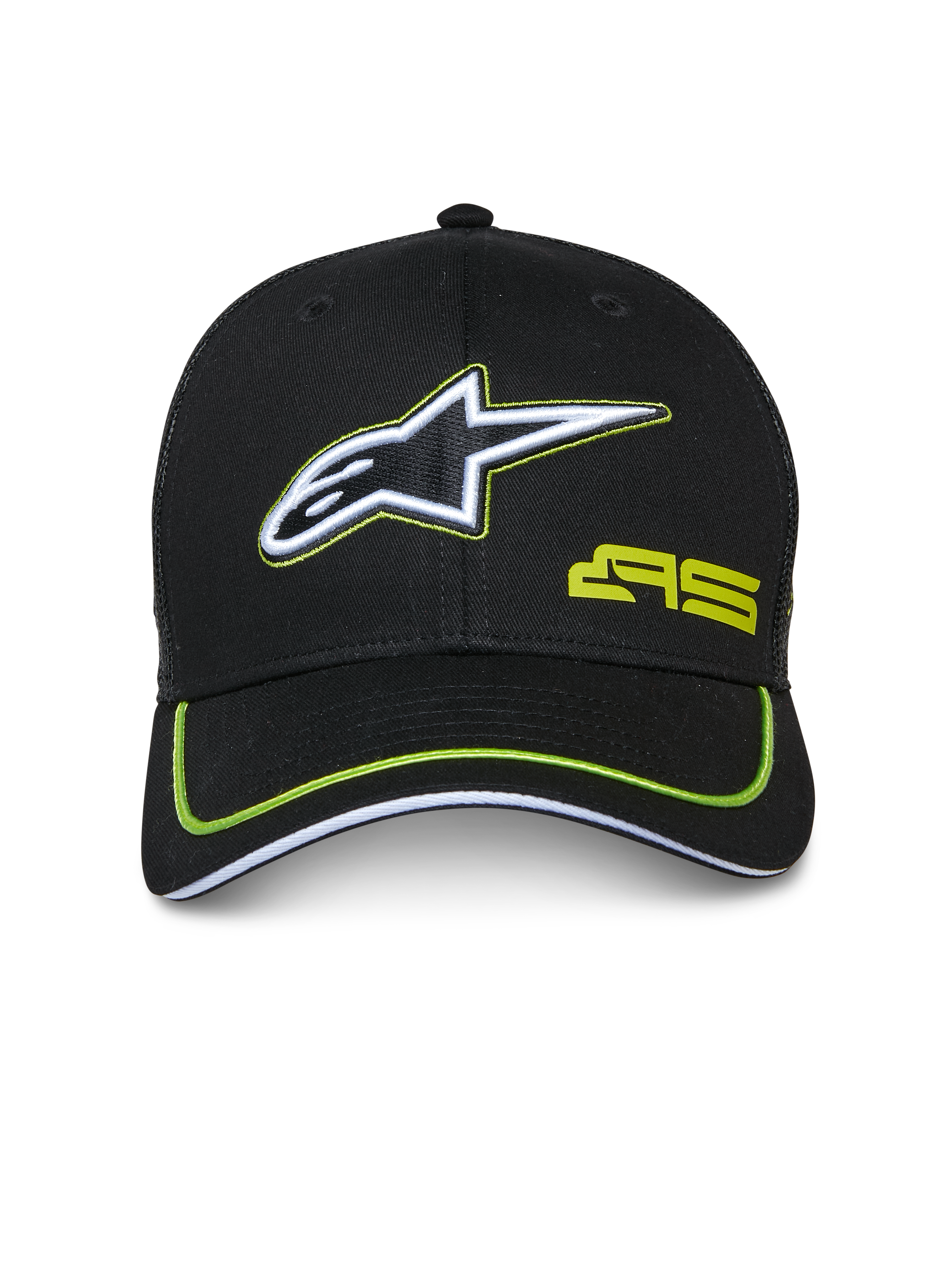Alpinestars Exceed Trucker Hat, Black with Lime Green Accents, features embroidered white and black star logo, lime green AS logo, curved bill with neon piping, casual motorsport-inspired headwear