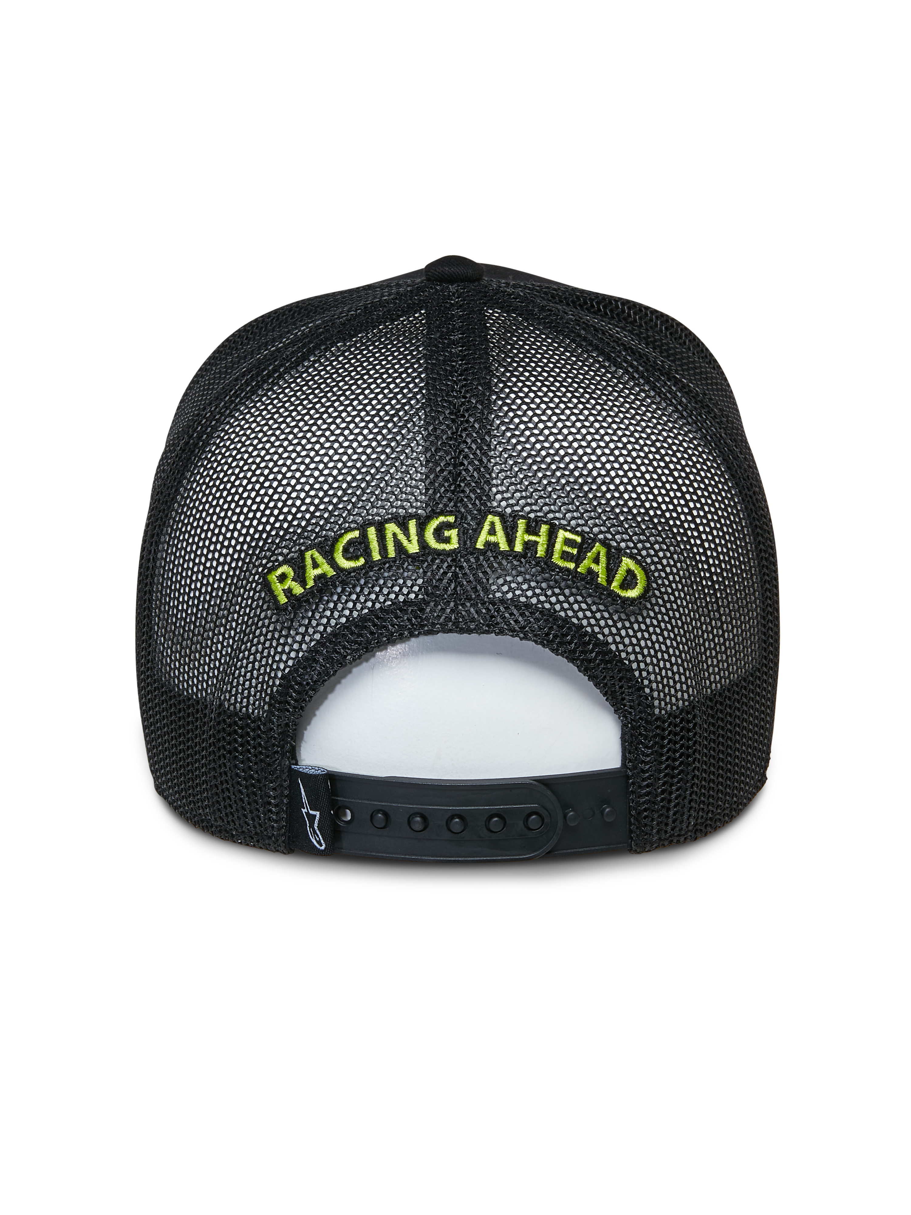 Alpinestars Exceed Trucker Hat, Black Trucker Cap, Back view showing mesh panels and snap-back closure, Lime Green 'RACING AHEAD' embroidery, casual motorsport-inspired headwear