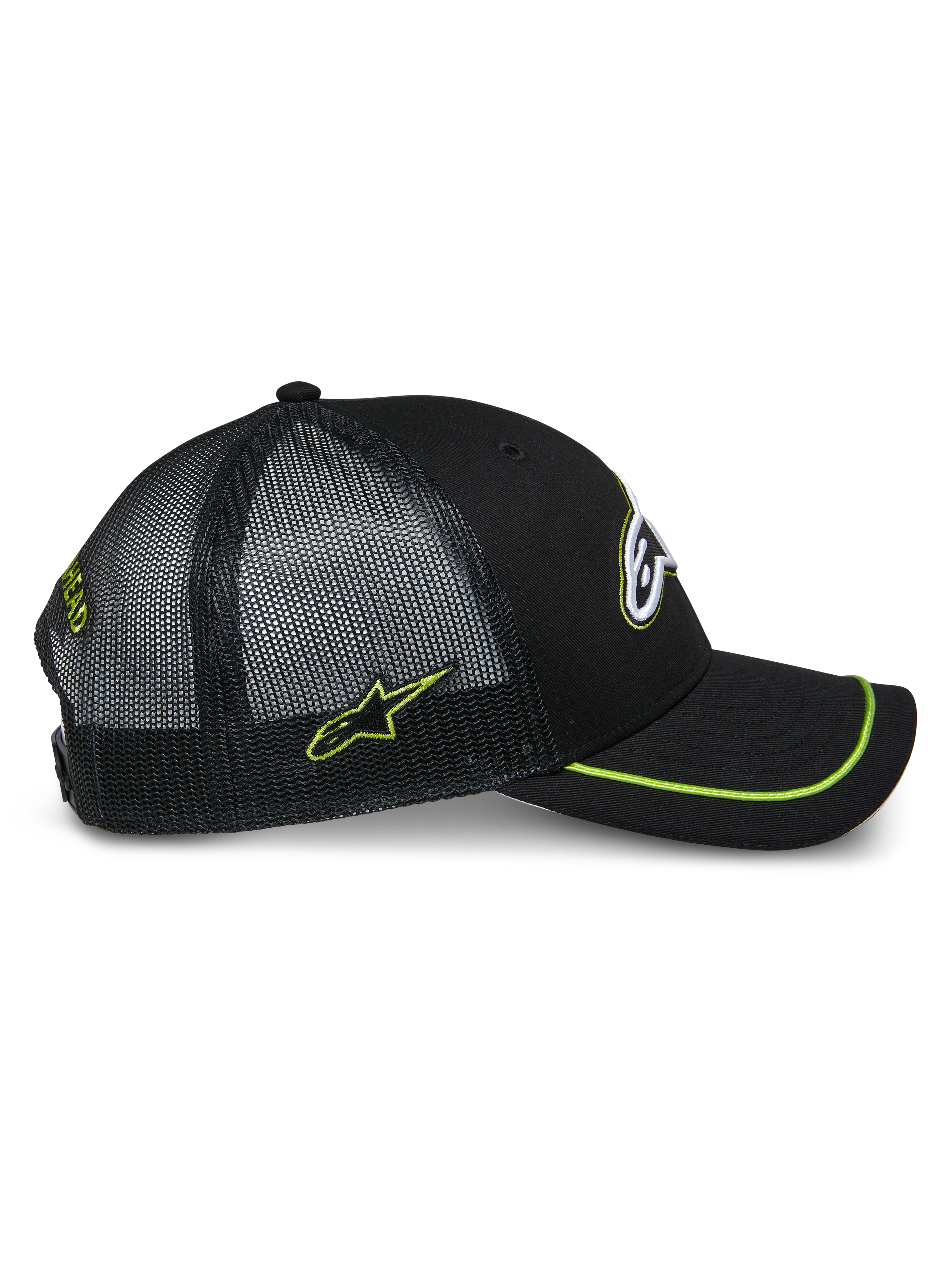 Alpinestars Exceed Trucker Hat, Side View, Black with Lime Green Accents, Mesh Back Panels, Curved Bill with Lime Green Sutache Trim, Embroidered Side Logo, Casual Motorsport Headwear