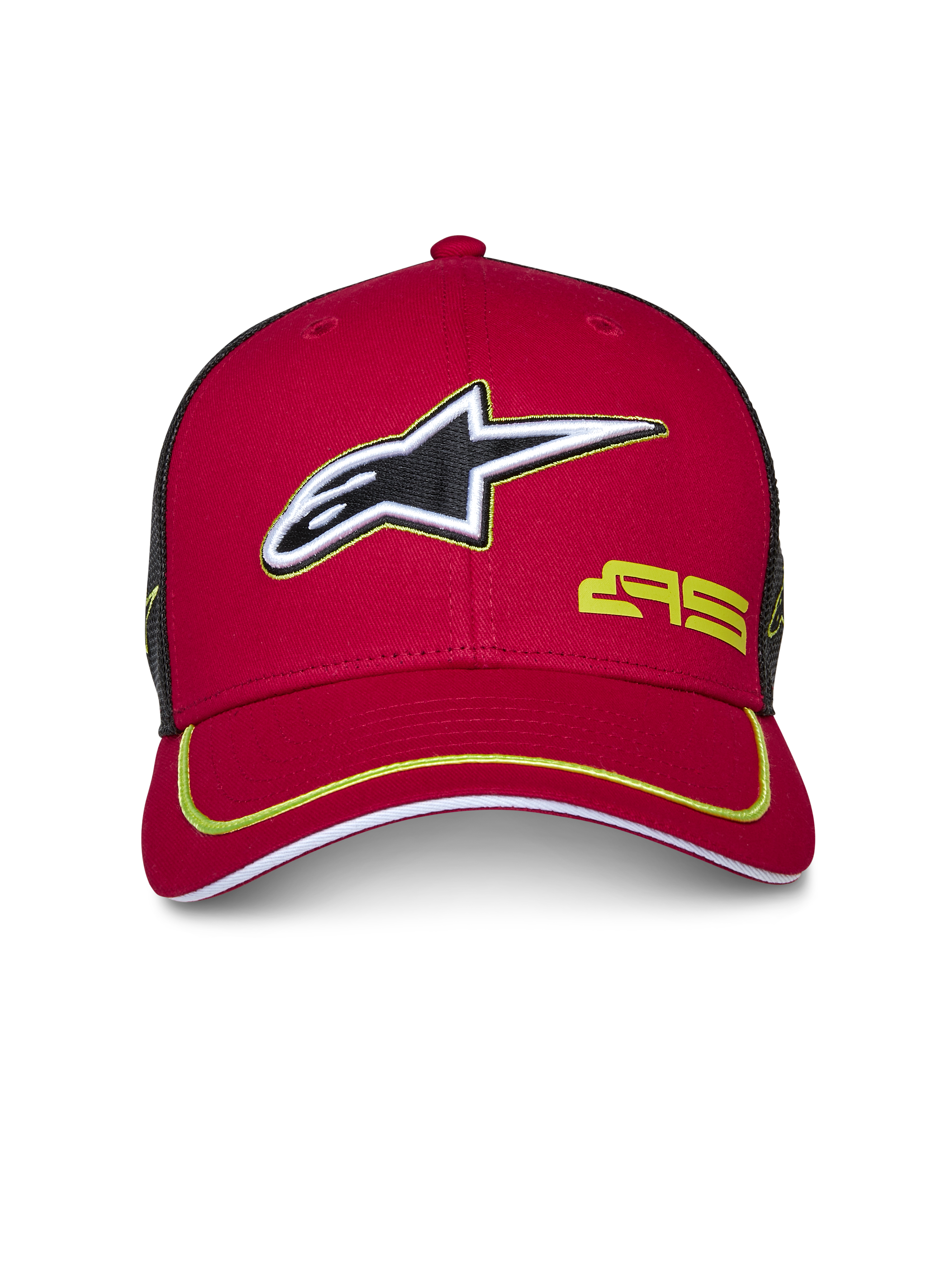 Alpinestars Exceed Trucker Hat, Red and Black, Curved Bill with Lime Green piping, 3D embroidered Alpinestars logo, black mesh back, structured crown, casual motorsport headwear