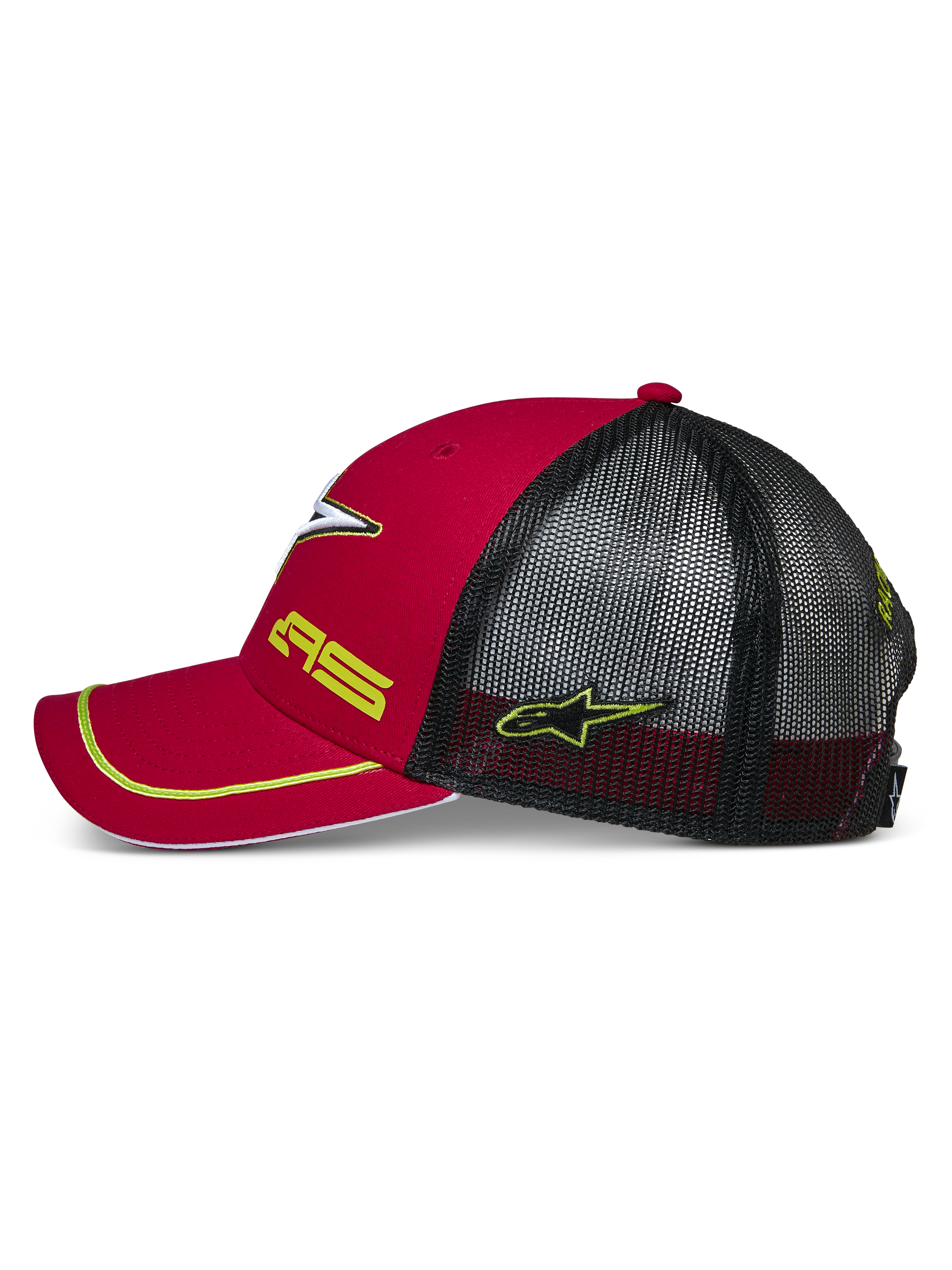 Alpinestars Exceed Trucker Hat, Red and Black side view, curved bill with yellow piping, black mesh back panels, yellow AS and star logo embroidery, casual motorsport-inspired headwear