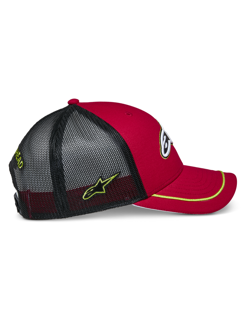 Alpinestars Exceed Trucker Hat, Red and Black with Neon Yellow accents, featuring a curved bill with neon yellow sutache trim, red structured crown, and black mesh back with embroidered side logo, casual motorsport style