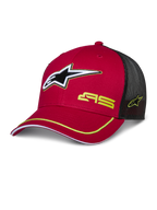 Alpinestars Exceed Trucker Hat, Red and Black, Mesh Back Baseball Cap featuring 3D Star Logo, Yellow AS Branding, and Yellow Accent Trim on Curved Brim