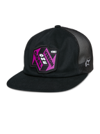 Alpinestars That Way Trucker Hat, Black Mesh-Back Snapback Cap, Flat Bill, Pink and Purple 'Vision One Goal' Patch, White Alpinestars Star Logo, Casual Sportswear