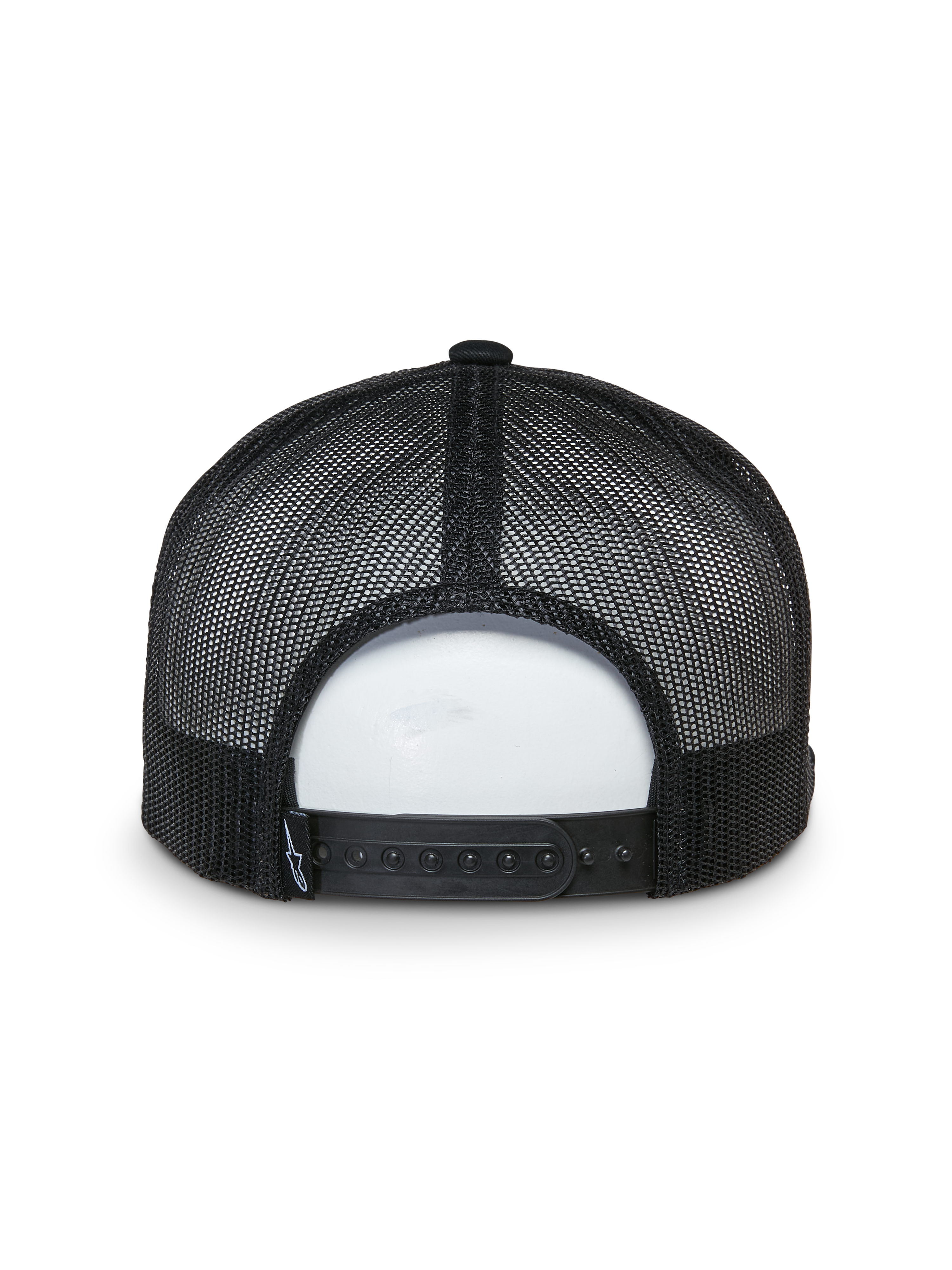 Alpinestars That Way Trucker Hat, back view, black, mesh rear panels with adjustable snapback closure, small woven logo tag, casual motorsport-inspired headwear