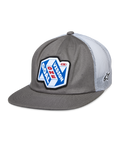 Alpinestars That Way Trucker Hat, Gray and White Snapback Cap with Mesh Back, Blue and White graphic patch featuring 'ONE GOAL VISION' in Red and White, Flat bill, small star logo on mesh, Casual Motorsport Style