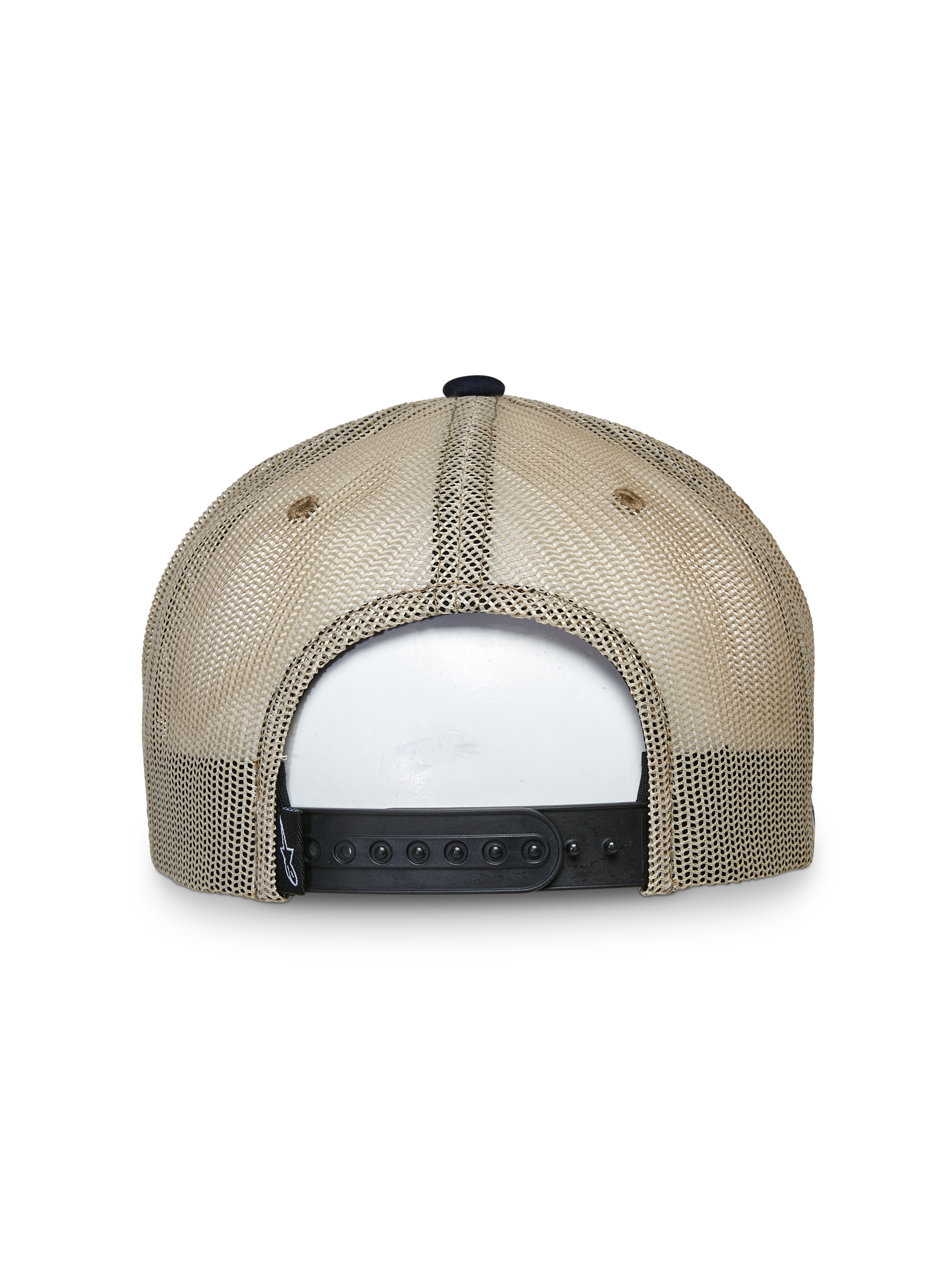 Alpinestars Mackinic Trucker Hat, Trucker Hat, Navy and Khaki, back view featuring tan mesh panels and a black adjustable snapback closure, casual lifestyle headwear