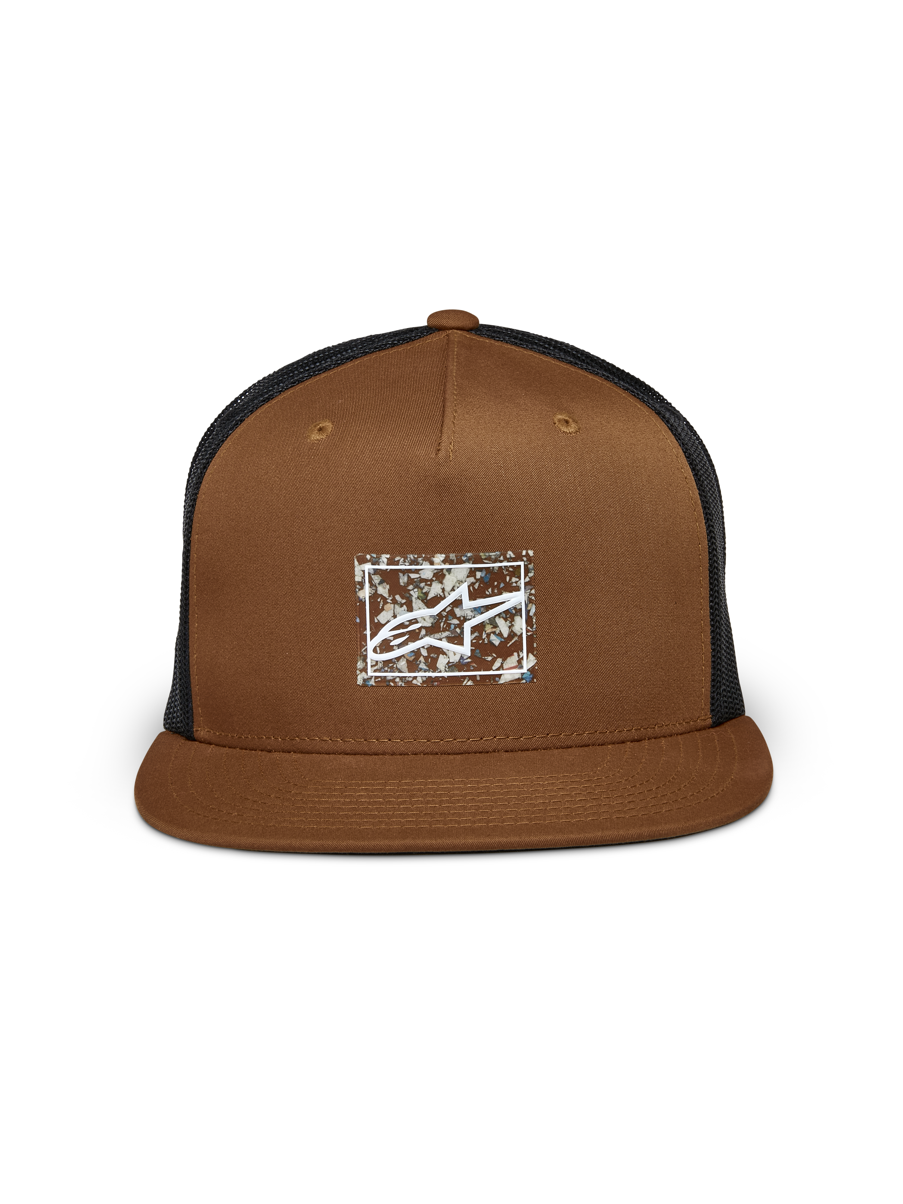 Alpinestars Mackinic Trucker Hat, Brown and Black, flat bill with structured crown, featuring a recycled paper TPU heat transfer logo on the front, black mesh back, casual sportswear accessory