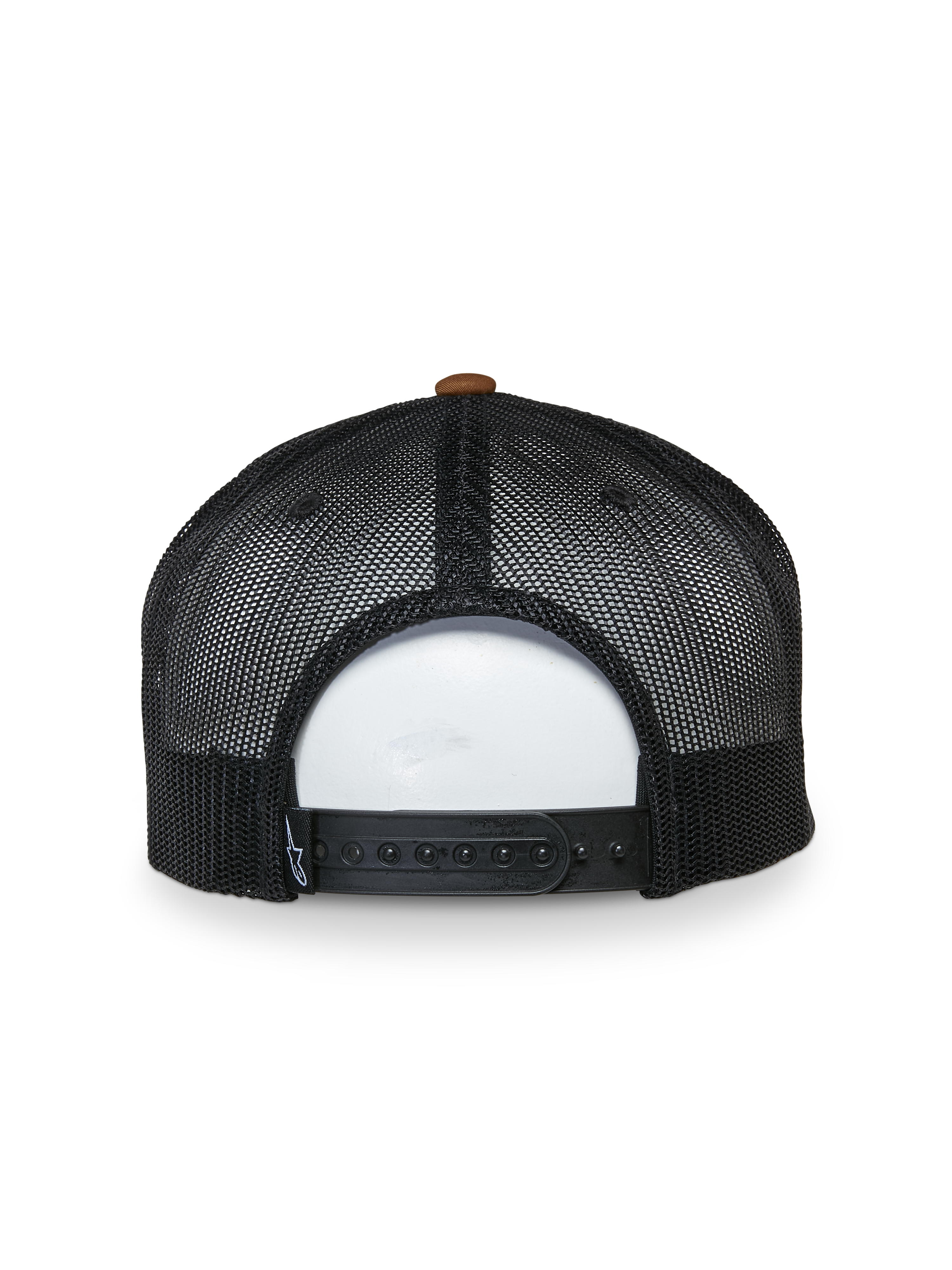Alpinestars Mackinic Trucker Hat, Rear View, Black Mesh Panels with Brown Top Button, Adjustable Snapback Closure, Casual Sportswear Accessory