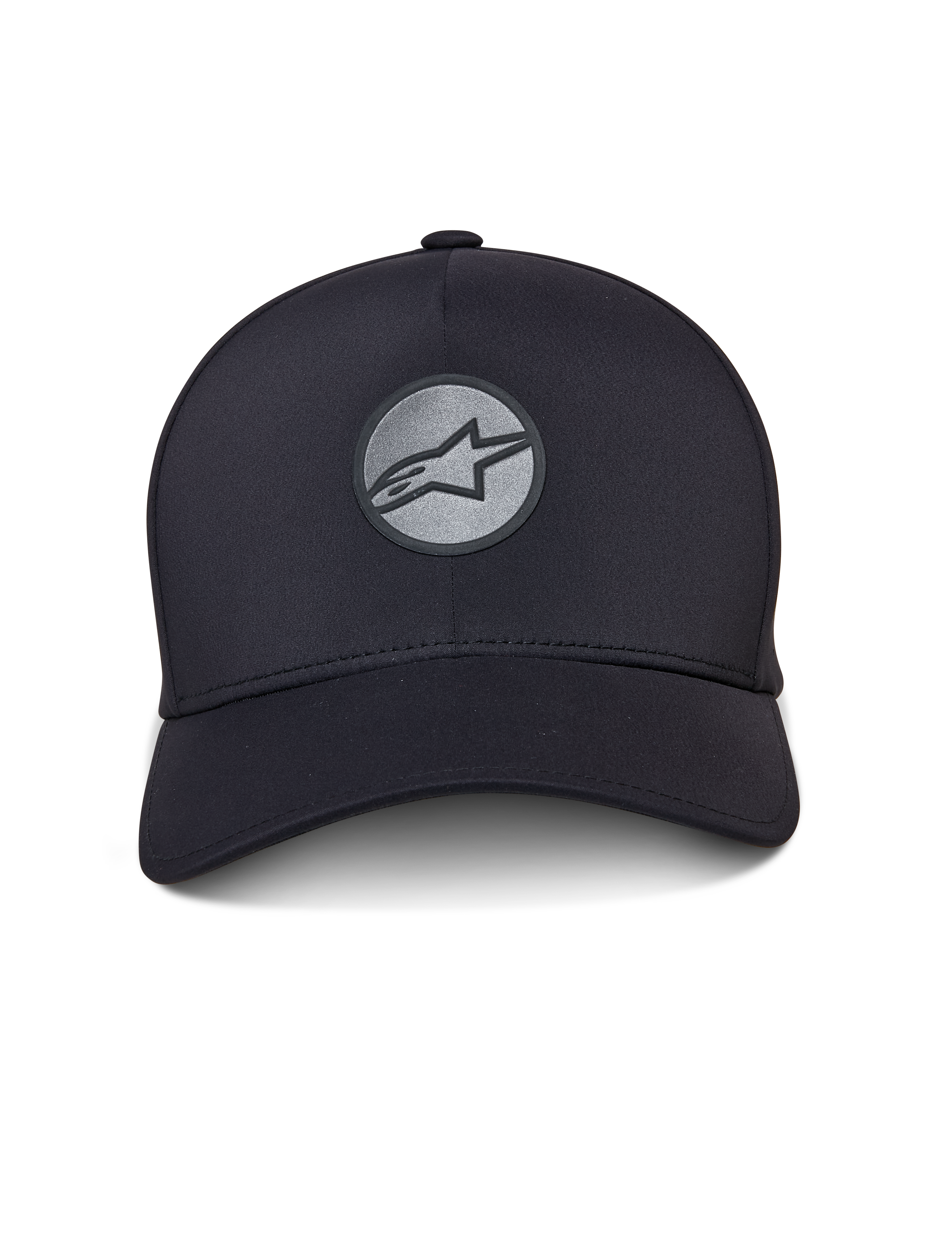 Alpinestars Apex Hat, schwarze Sportkappe, gebogener Schirm und strukturierte Krone, vorne reflektierendes verschweißtes Astar-Logo auf einem runden Patch, nahtlose Konstruktion mit modernem sportlichem Design