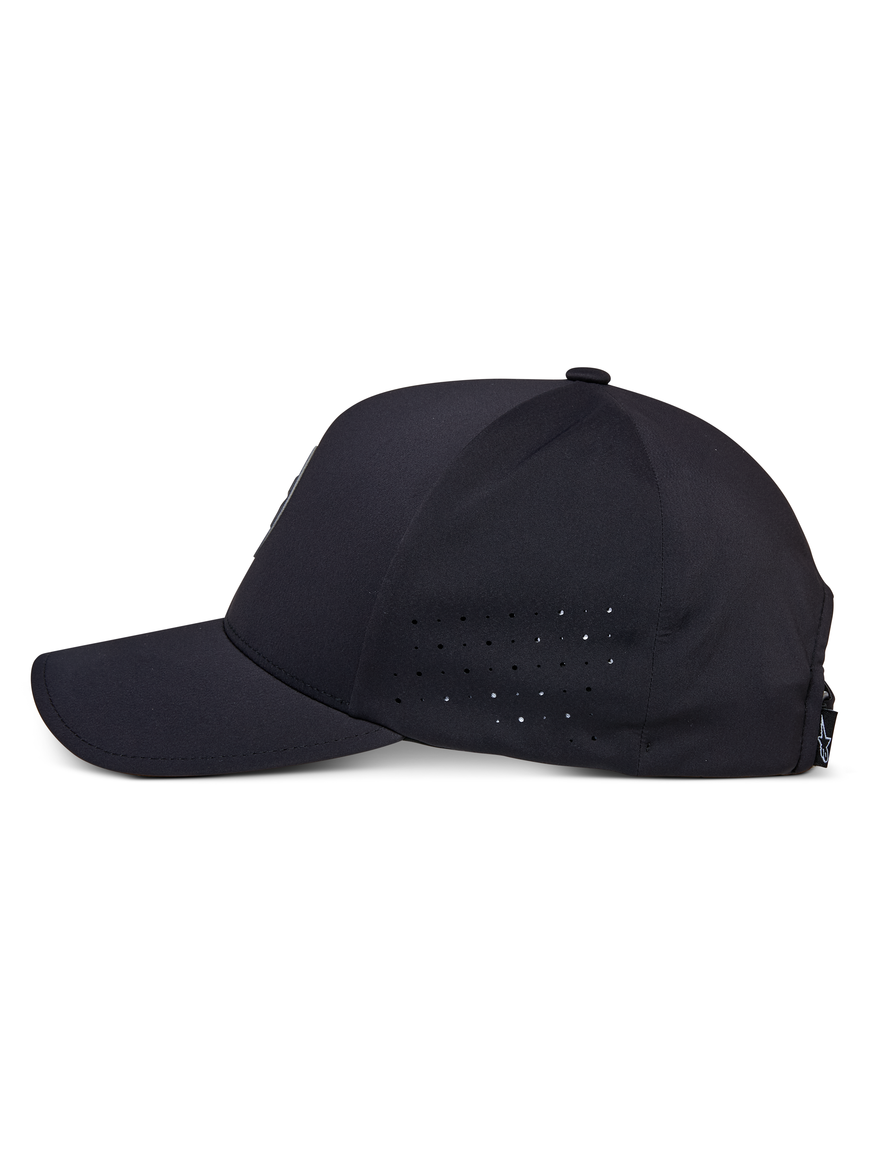 Alpinestars Apex Hat, Schwarz, Seitenansicht, gebogener Schirm mit strukturierter Krone, Perforation an den Seitenpaneelen für Atmungsaktivität, feuchtigkeitsableitendes technisches Gewebe, lässige Performance-Sportbekleidung