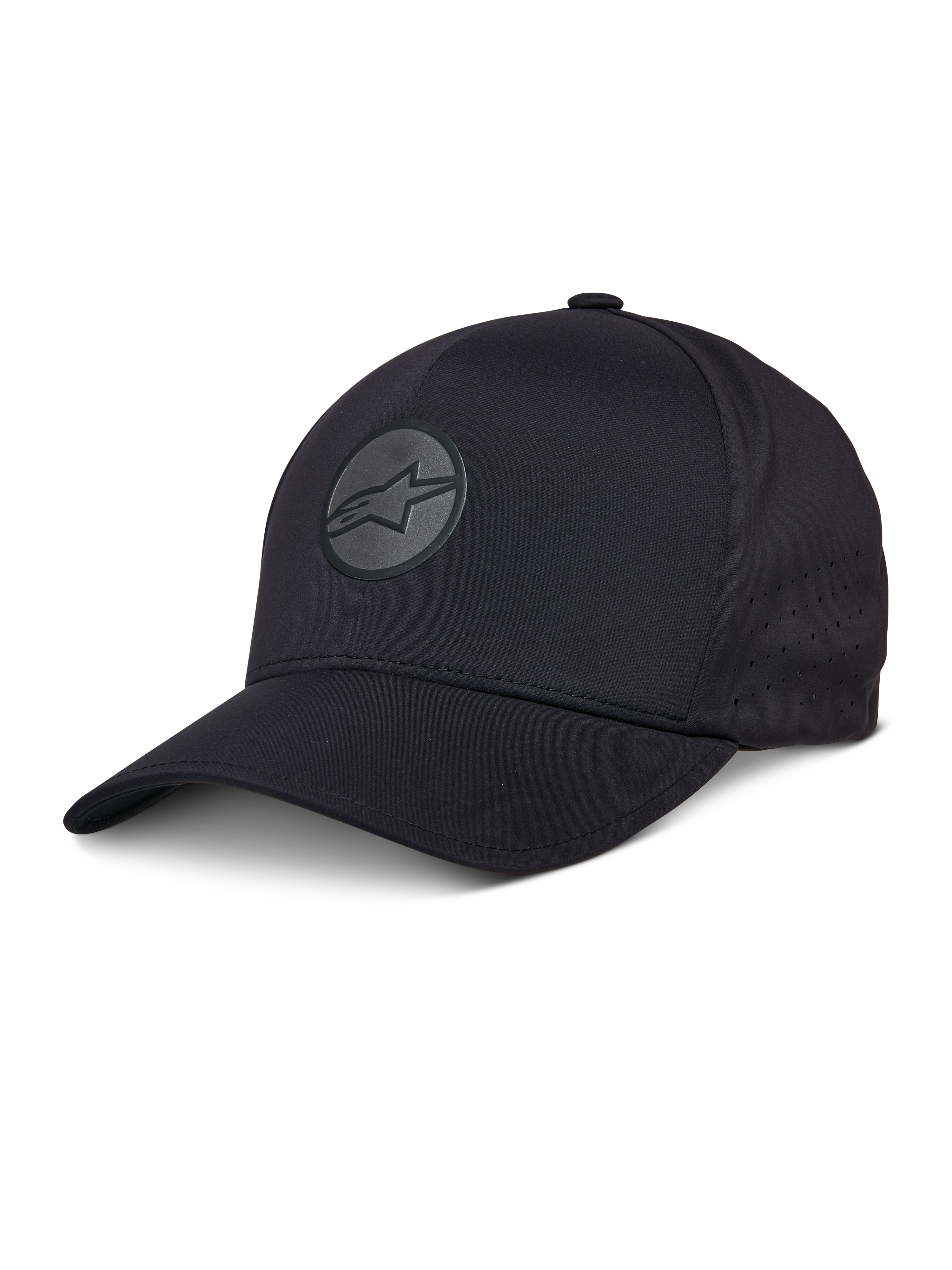 Alpinestars Apex Kappe, schwarze Baseball-Kappe, gebogener Schirm, reflektierendes kreisförmiges Stern-Logo, perforierte Seitenpaneele zur Belüftung, Performance-Sportbekleidung Kopfbedeckung