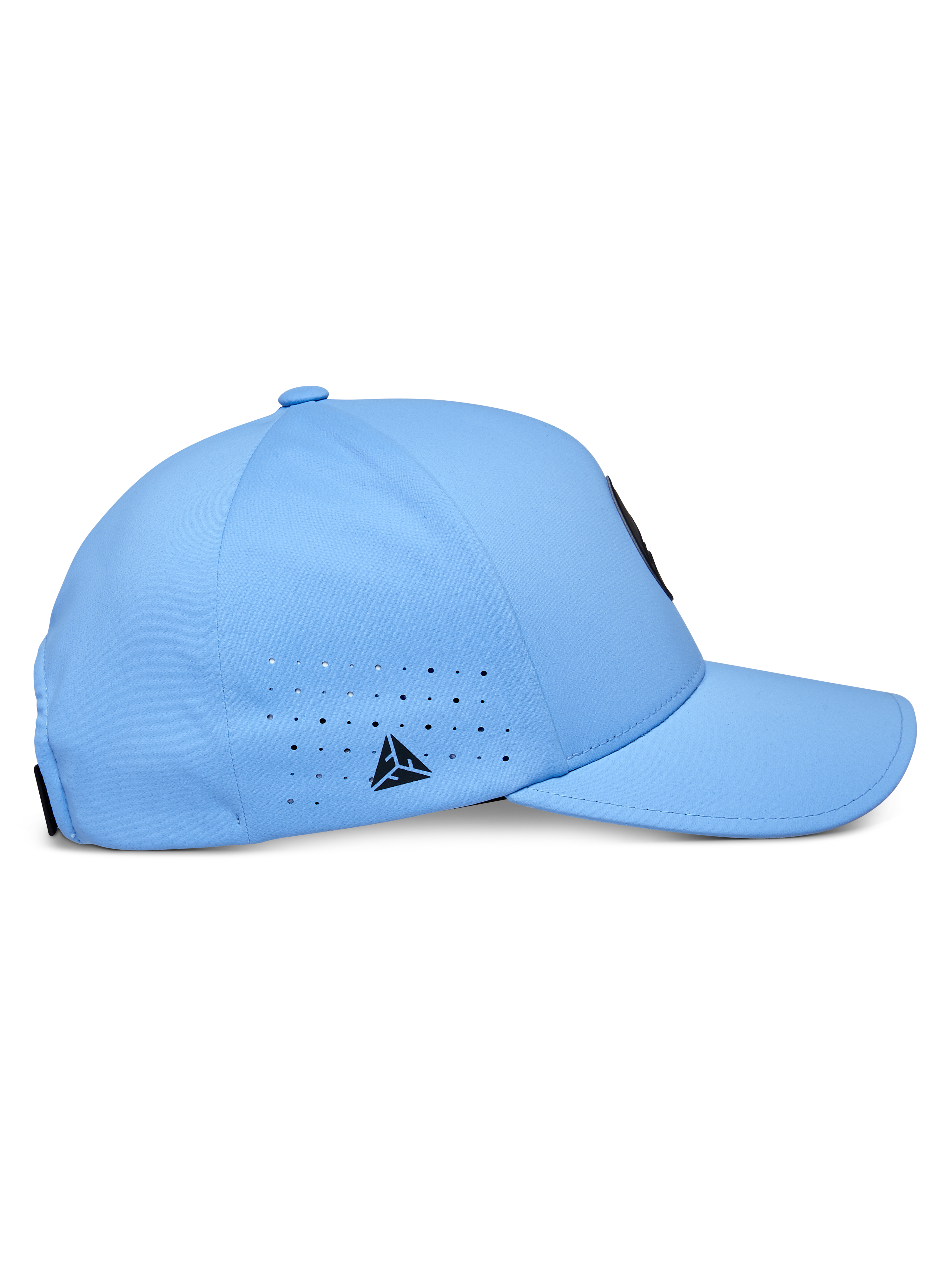 Alpinestars Apex Mütze, Blau, technische Baseball-Cap, Seitenprofil mit gebogenem Schirm und strukturierter Krone, lasergeschnittene Belüftungslöcher mit kleinem schwarzen Dreieckslogo, modernes feuchtigkeitsableitendes Material