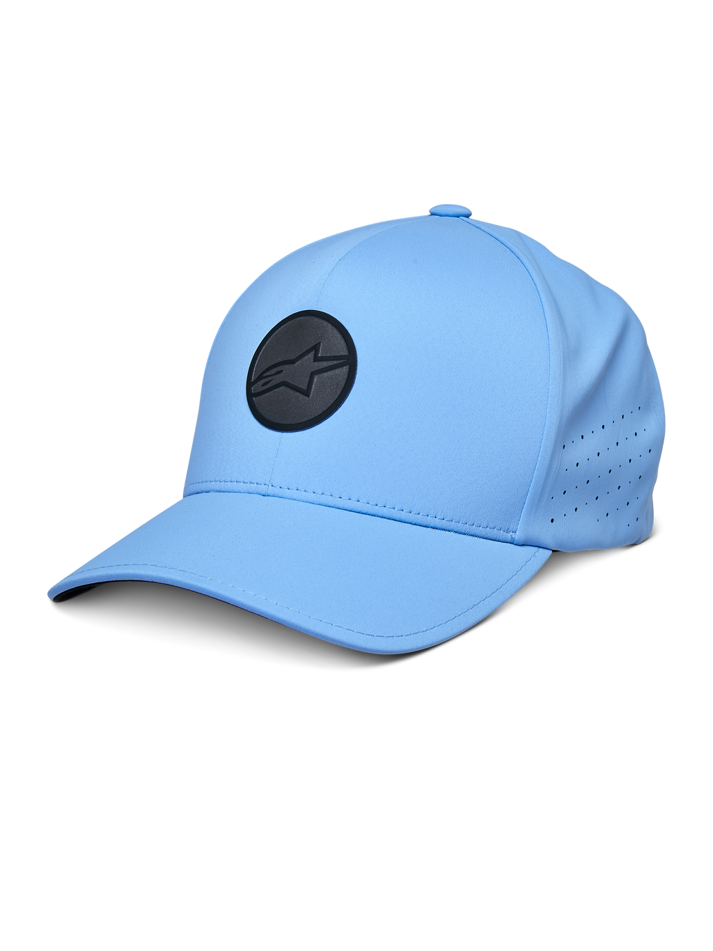 Alpinestars Apex Hat, blaue Baseball-Kappe, mit schwarzem rundem Logo, perforierten Seitenpaneelen zur Belüftung, gebogenem Schirm, Performance-Sportbekleidung