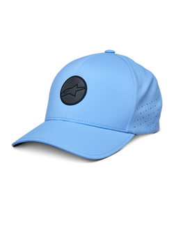 Alpinestars Apex Hat, blaue Baseball-Kappe, mit schwarzem rundem Logo, perforierten Seitenpaneelen zur Belüftung, gebogenem Schirm, Performance-Sportbekleidung