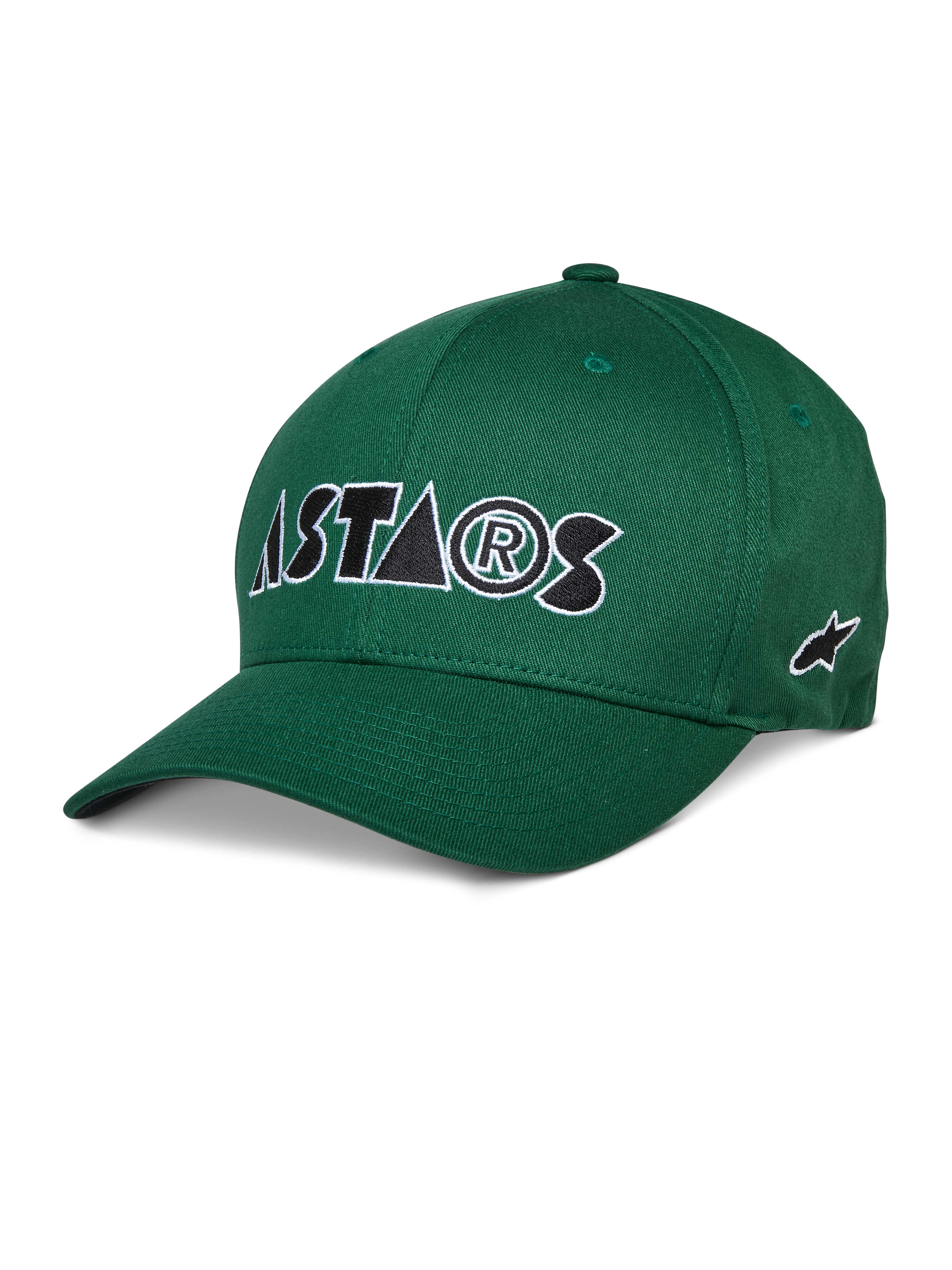 Alpinestars Cereal Hat, grüne Baseball-Kappe, weiß und schwarz besticktes ASTARS-Logo, gebogener Schirm, strukturierte Krone, lässige Sportbekleidung
