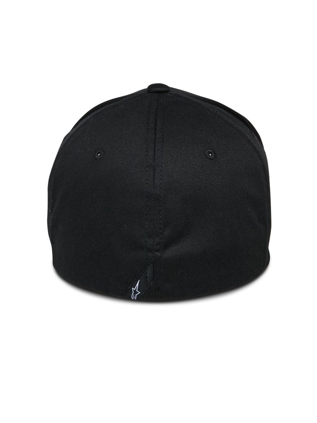 Alpinestars Share Hat, Black, back view showing closed flex-back construction, small white Astars logo on the rear seam, casual motorsport-inspired streetwear