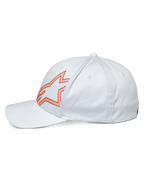 Alpinestars Share Hat, Casual White Cap, Side Profile featuring Orange Outlined Astars Logo, Curved Bill and Structured Crown, Motorsport-Inspired Streetwear