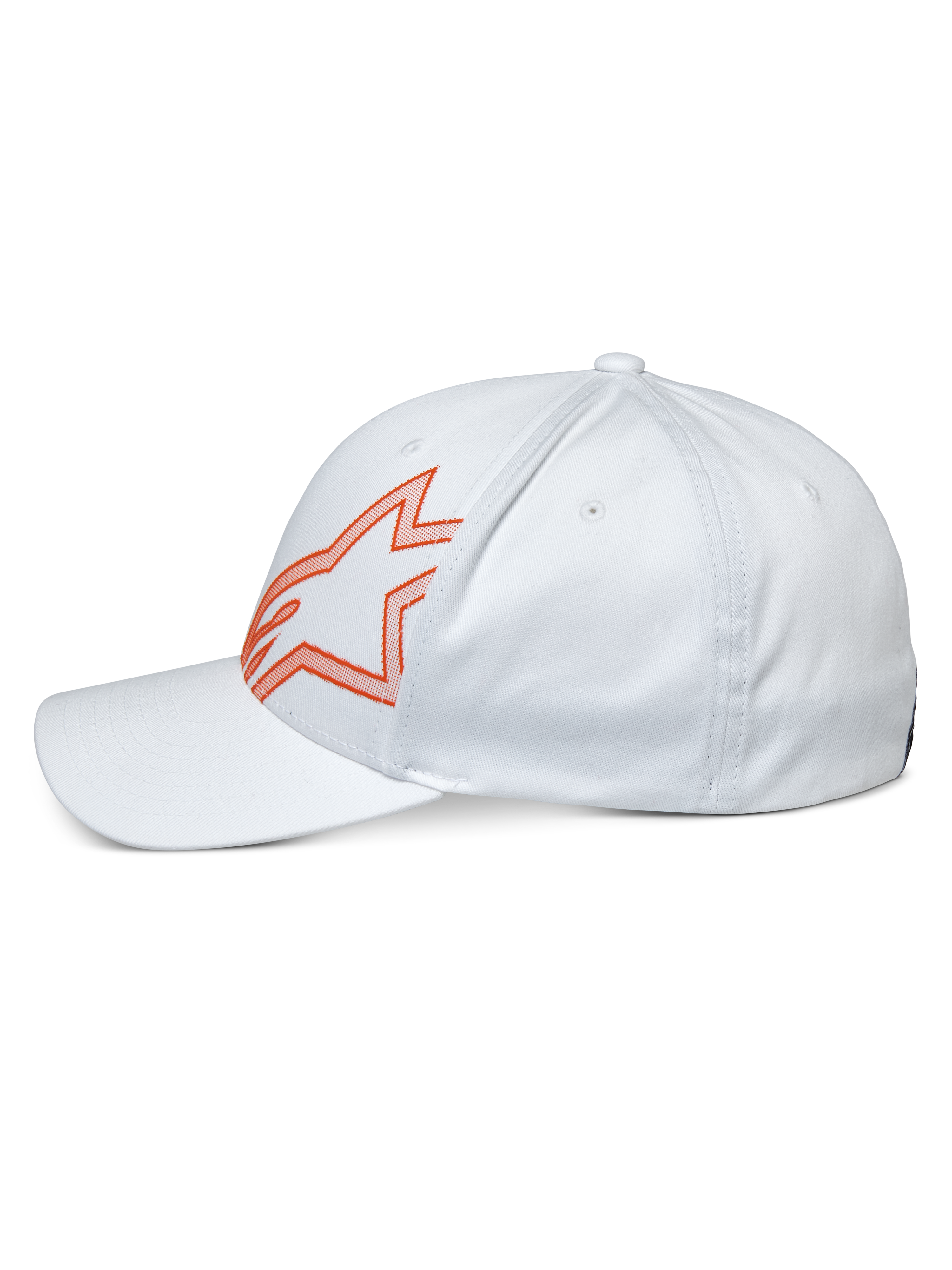Alpinestars Share Hat, Casual White Cap, Side Profile featuring Orange Outlined Astars Logo, Curved Bill and Structured Crown, Motorsport-Inspired Streetwear