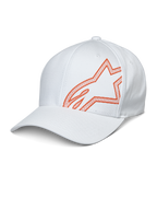 Alpinestars Share Hat, White Baseball Cap featuring an Orange HD Puff Print Astars Logo, Curved Bill and Structured Crown, Casual Motorsport Sportswear