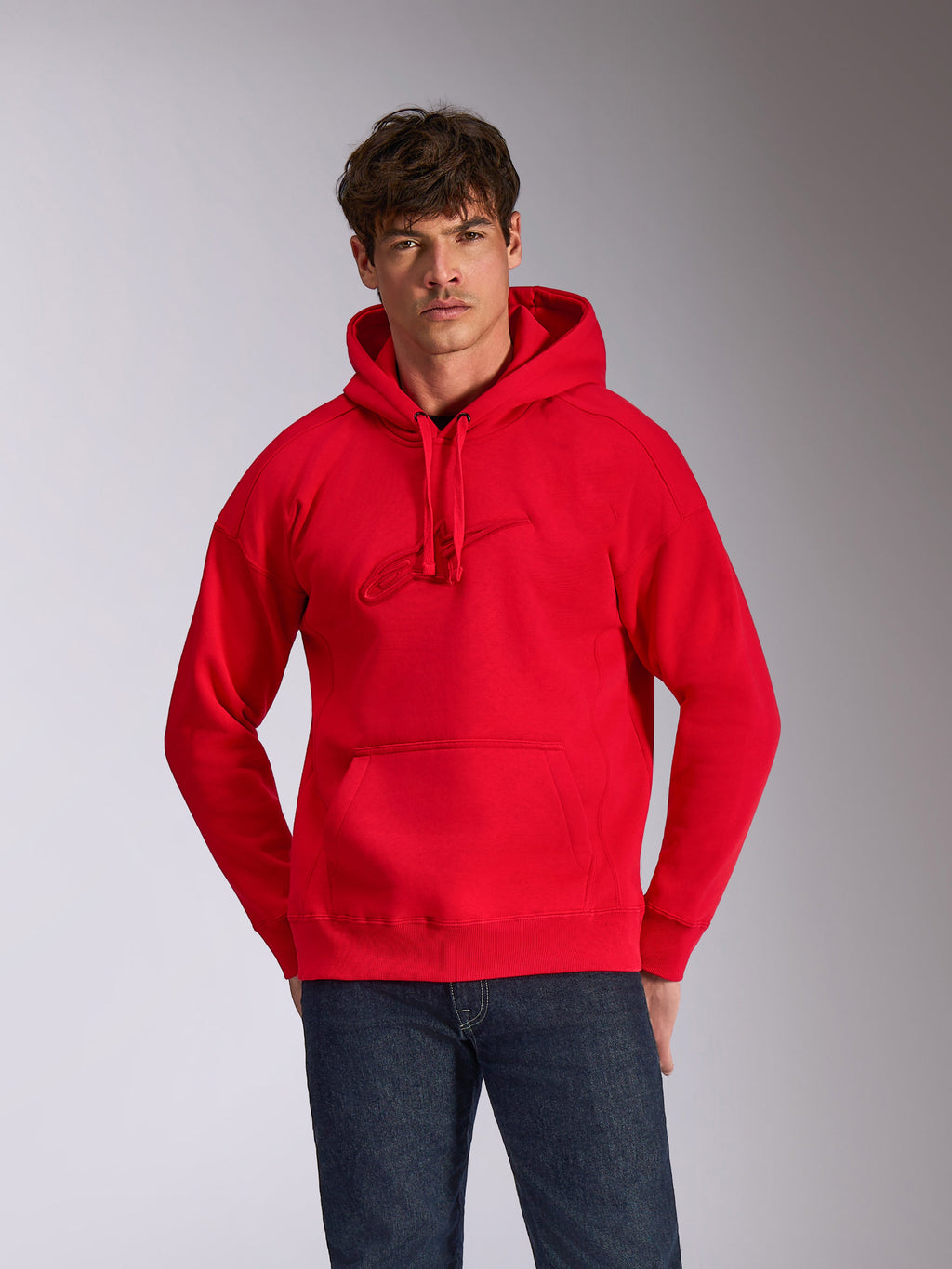 Alpinestars Emergent Oversized Hoodie, roter Kapuzenpullover, mit tonalem 3D-besticktem Astars-Logo auf der Brust, Kängurutasche, Oversized-Passform, lässige vom Motorsport inspirierte Streetwear