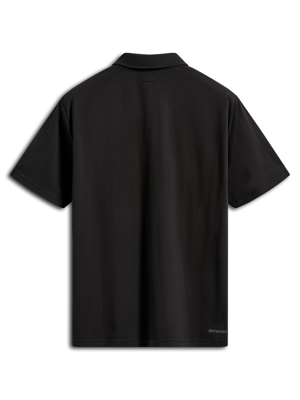 Alpinestars Impetus Sport Polo, kurzärmeliges Poloshirt, Schwarz, Rückansicht mit Selbstkragen und kleinem Alpinestars-Logo am unteren hinteren Saum, sportliche Mock-Mesh-Bekleidung