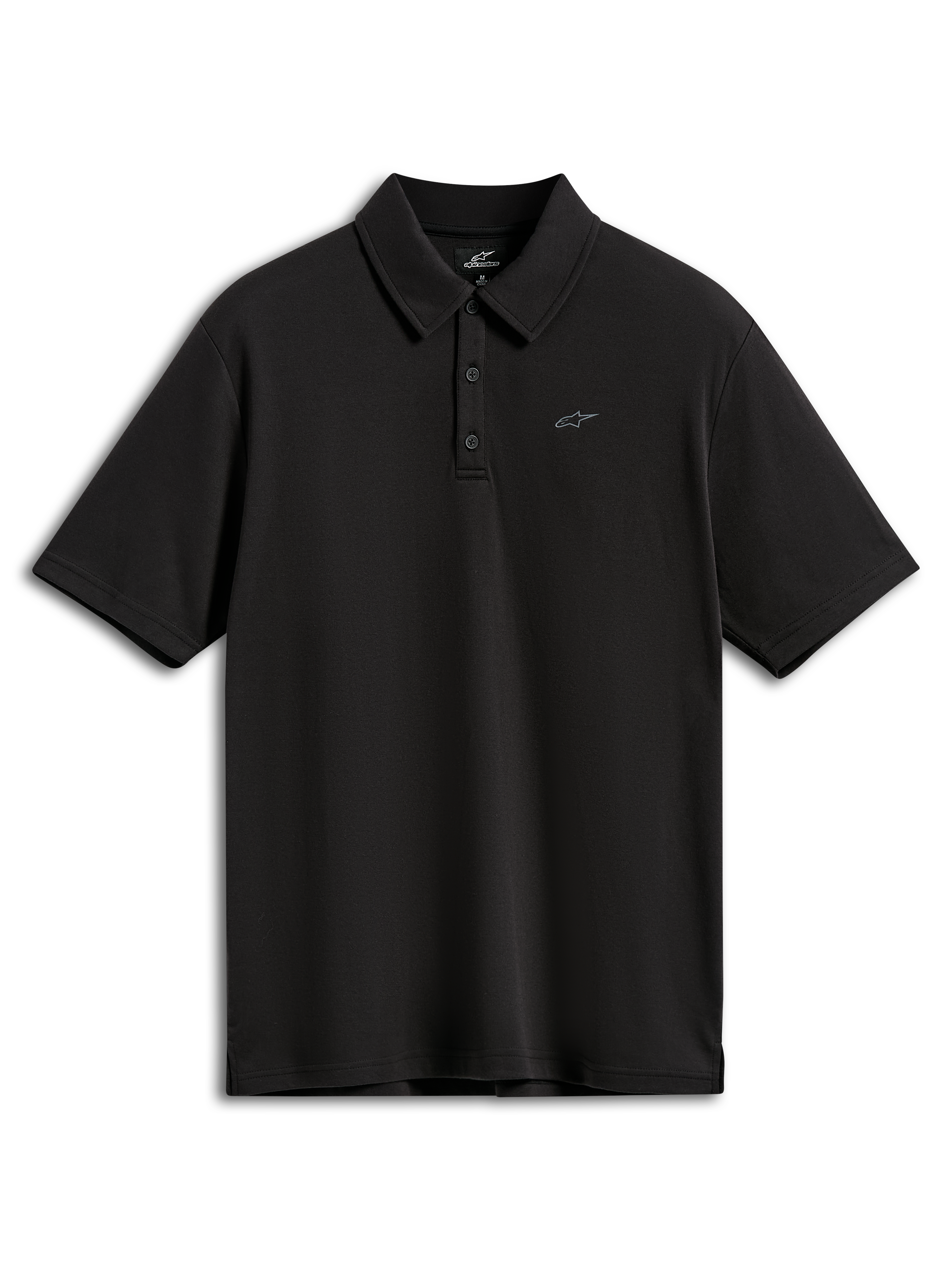 Alpinestars Impetus Sport Polo, Kurzarm-Poloshirt, Schwarz, mit kleinem grauen Astars-Logo auf der Brust, 3-Knopf-Leiste und Selbstkragen, lässige Sportbekleidung