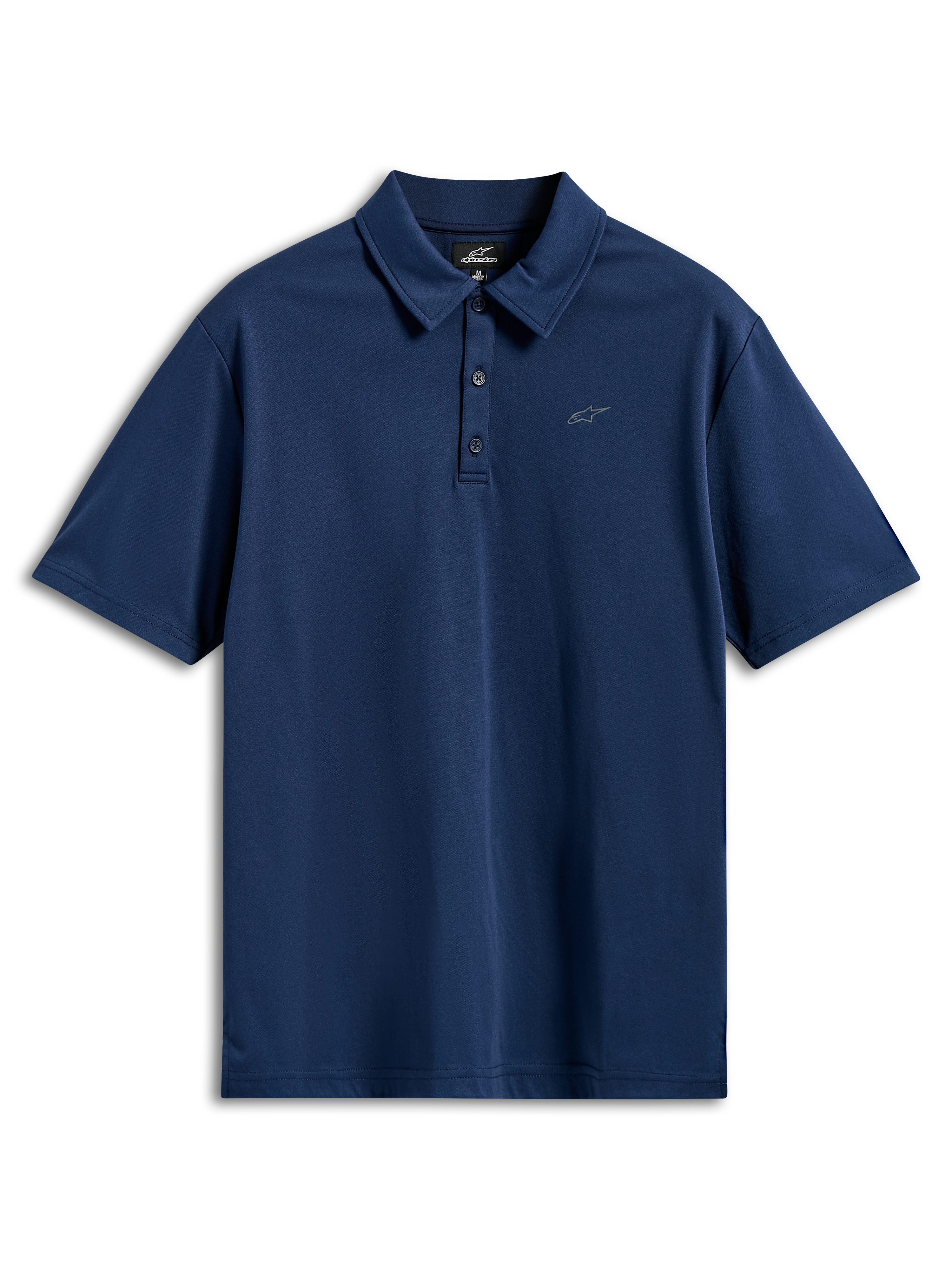 Alpinestars Impetus Sport Polo, kurzärmeliges Poloshirt, Navyblau, Mock-Mesh-Gewebe mit 3-Knopf-Leiste und kleinem grauen Astars-Logo auf der Brust, lässige Motorsport-Sportbekleidung