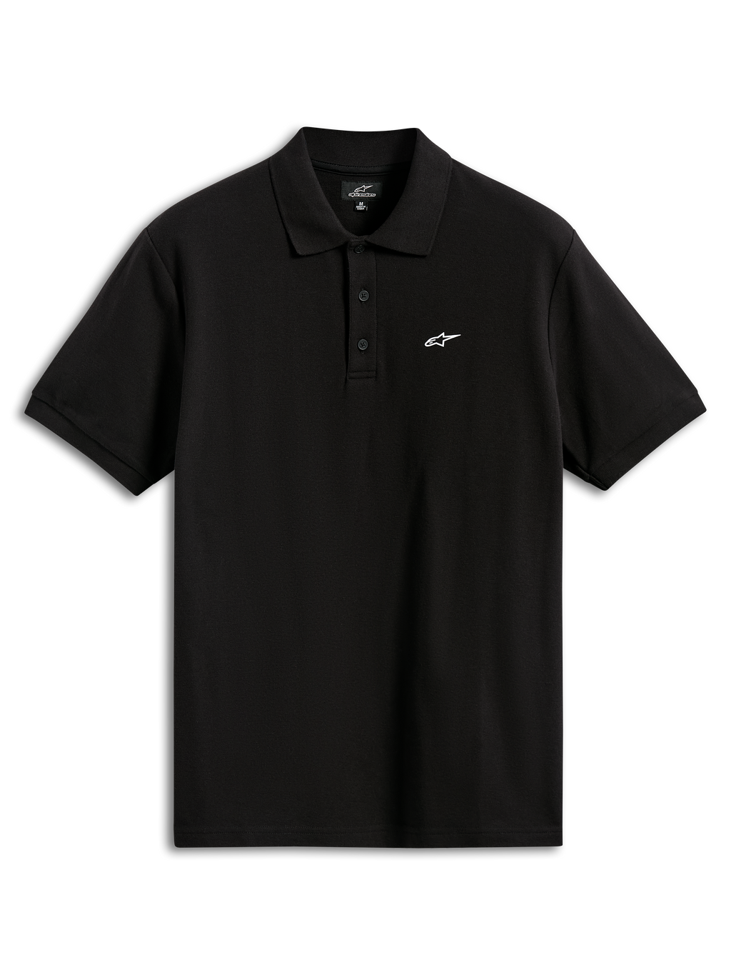 Alpinestars Endeavor Classic Polo, Kurzarm-Piqué-Poloshirt, Schwarz, mit kleinem weißen Astars-Logo auf der Brust, 3-Knopf-Leiste, Rippkragen und Rippbündchen, lässige Sportbekleidung