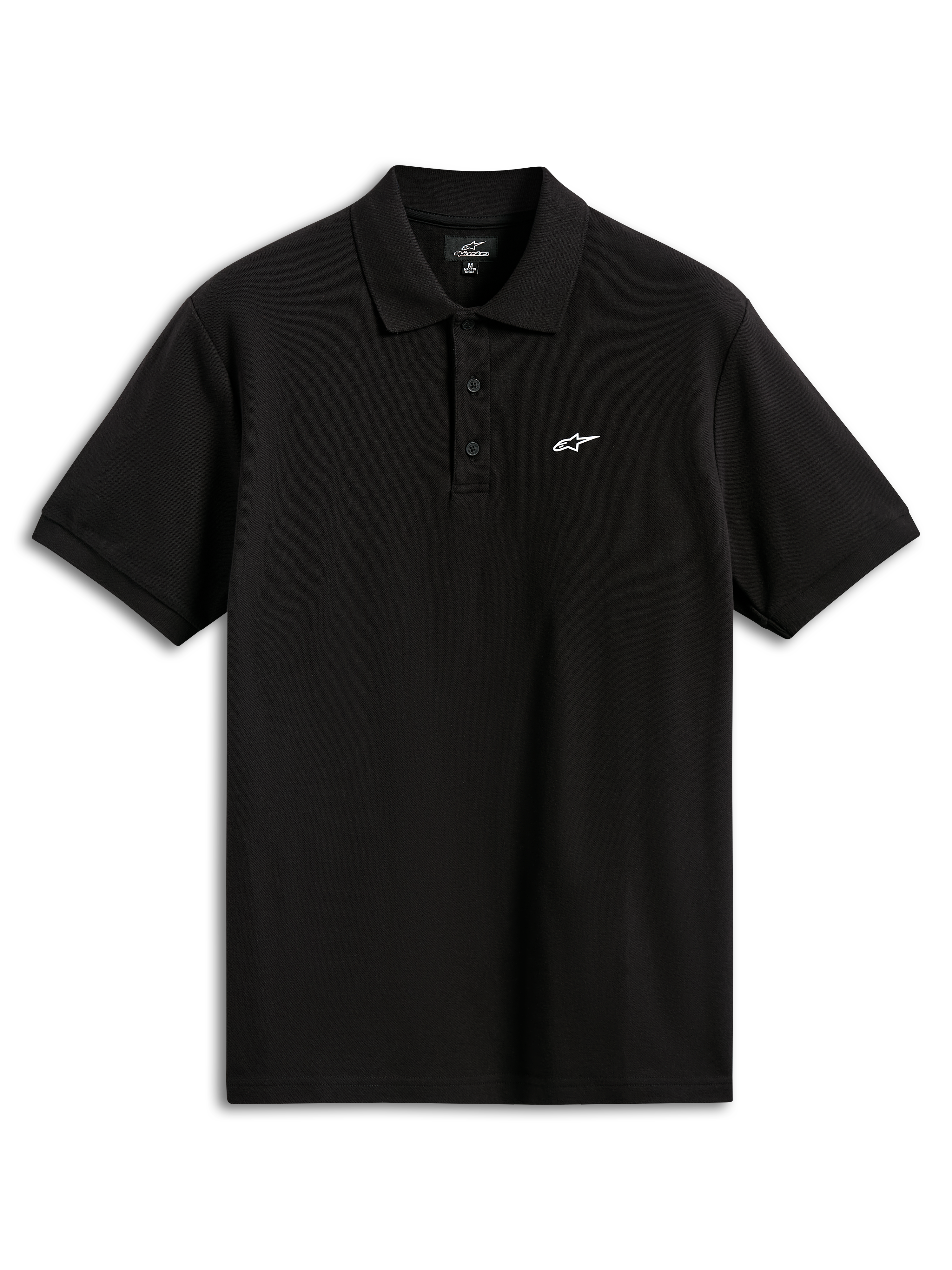 Alpinestars Endeavor Classic Polo, Kurzarm-Piqué-Poloshirt, Schwarz, mit kleinem weißen Astars-Logo auf der Brust, 3-Knopf-Leiste, Rippkragen und Rippbündchen, lässige Sportbekleidung