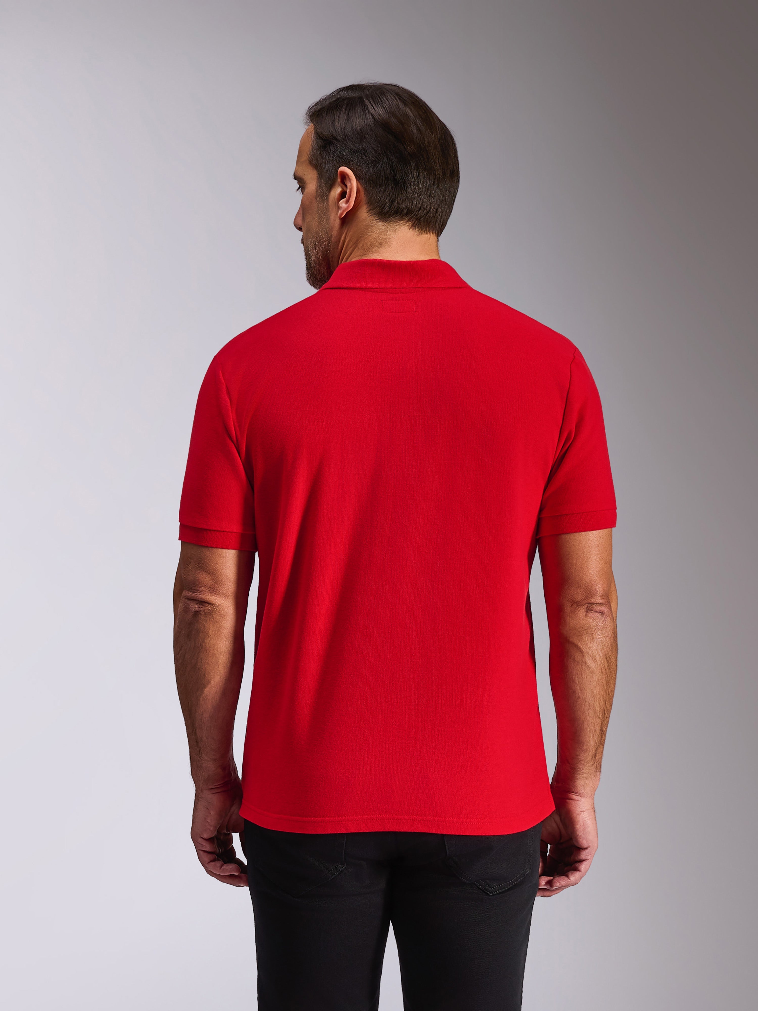 Alpinestars Endeavor Classic Polo, Kurzarm-Poloshirt, Rot, Rückansicht am Modell, mit Rippkragen und Ärmelbündchen, lässige, vom Motorsport inspirierte Streetwear