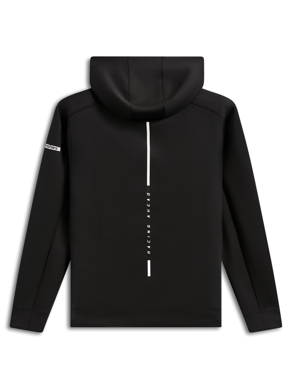 Alpinestars Insight Hoodie, Rückansicht, schwarzer Fleece-Kapuzenpullover, vertikaler weißer Streifen mit „RACING AHEAD“-Schriftzug, Alpinestars-Wortlogo auf dem Ärmel, lässige, vom Motorsport inspirierte Streetwear